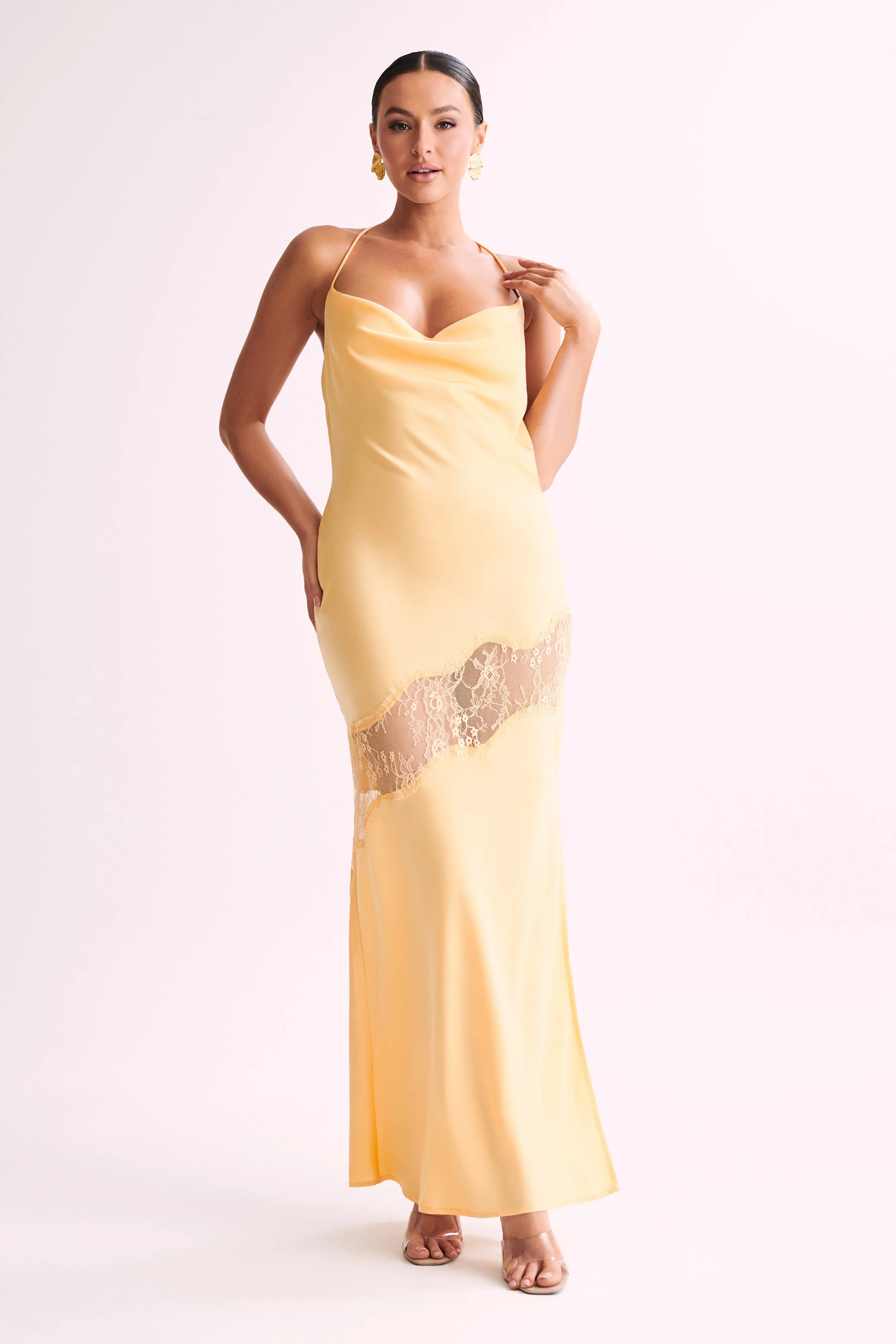 Chandra Lace Detail Satin Maxi Dress - Lemon