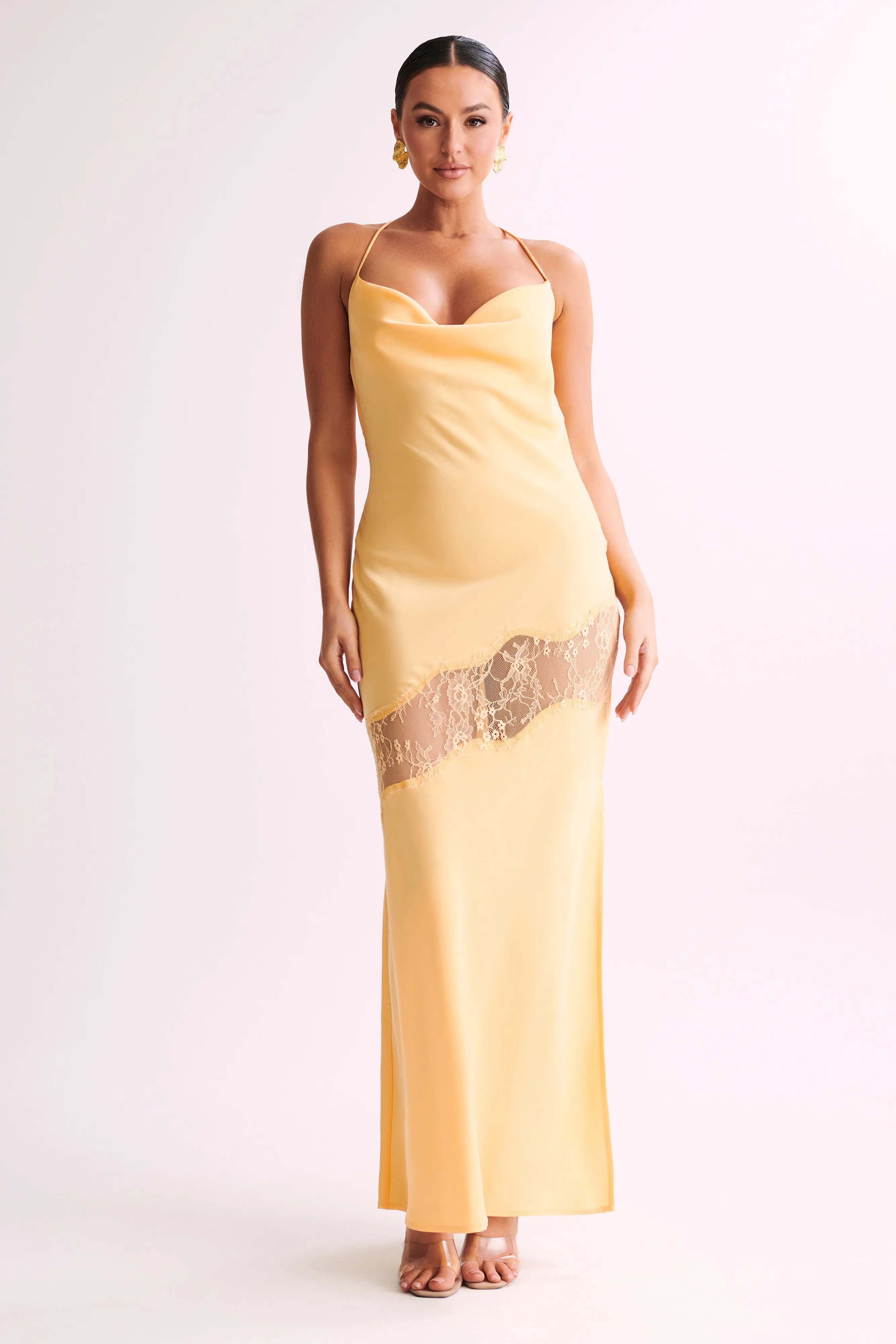 Chandra Lace Detail Satin Maxi Dress - Lemon