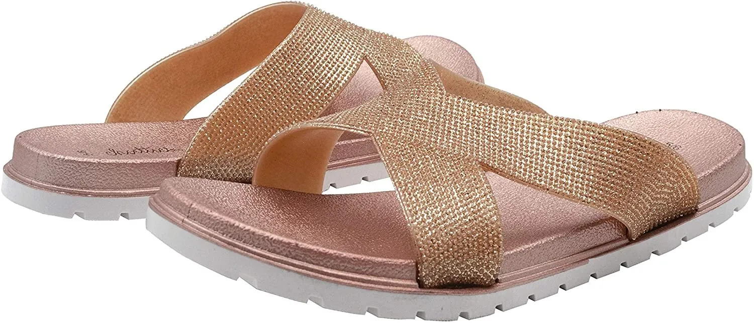 Chatties Women's Slip-On PCU Glitter Slide Sandals, Open-Toe Flat Fashion Summer Slipper Shoes