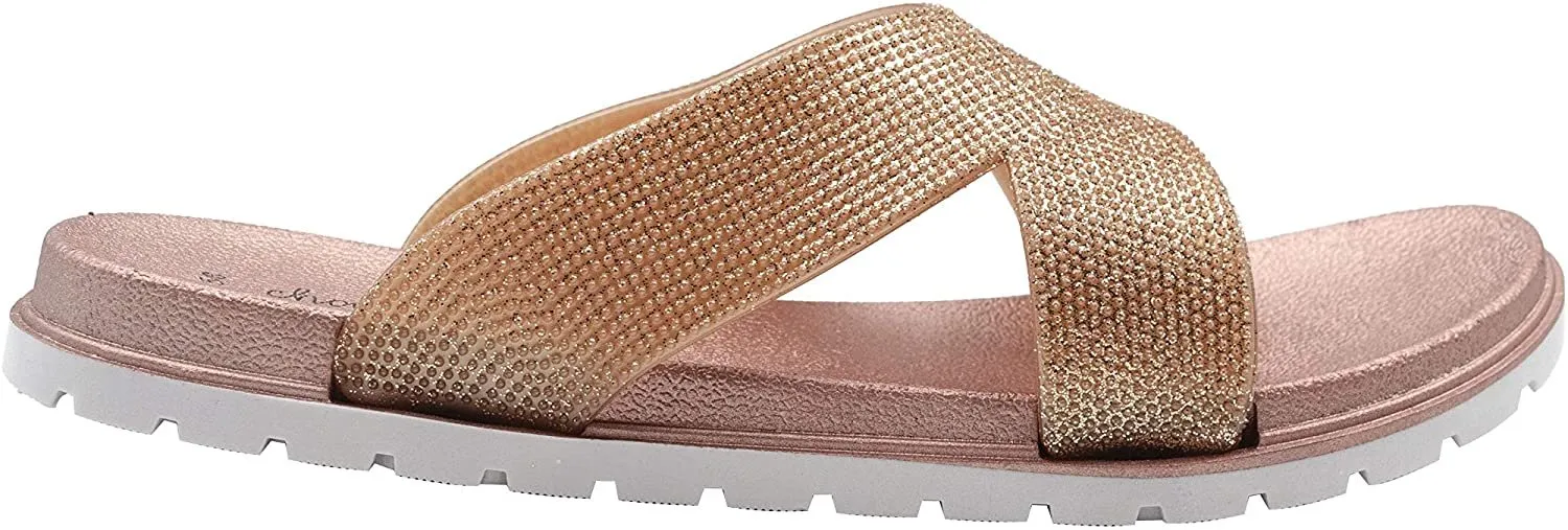 Chatties Women's Slip-On PCU Glitter Slide Sandals, Open-Toe Flat Fashion Summer Slipper Shoes