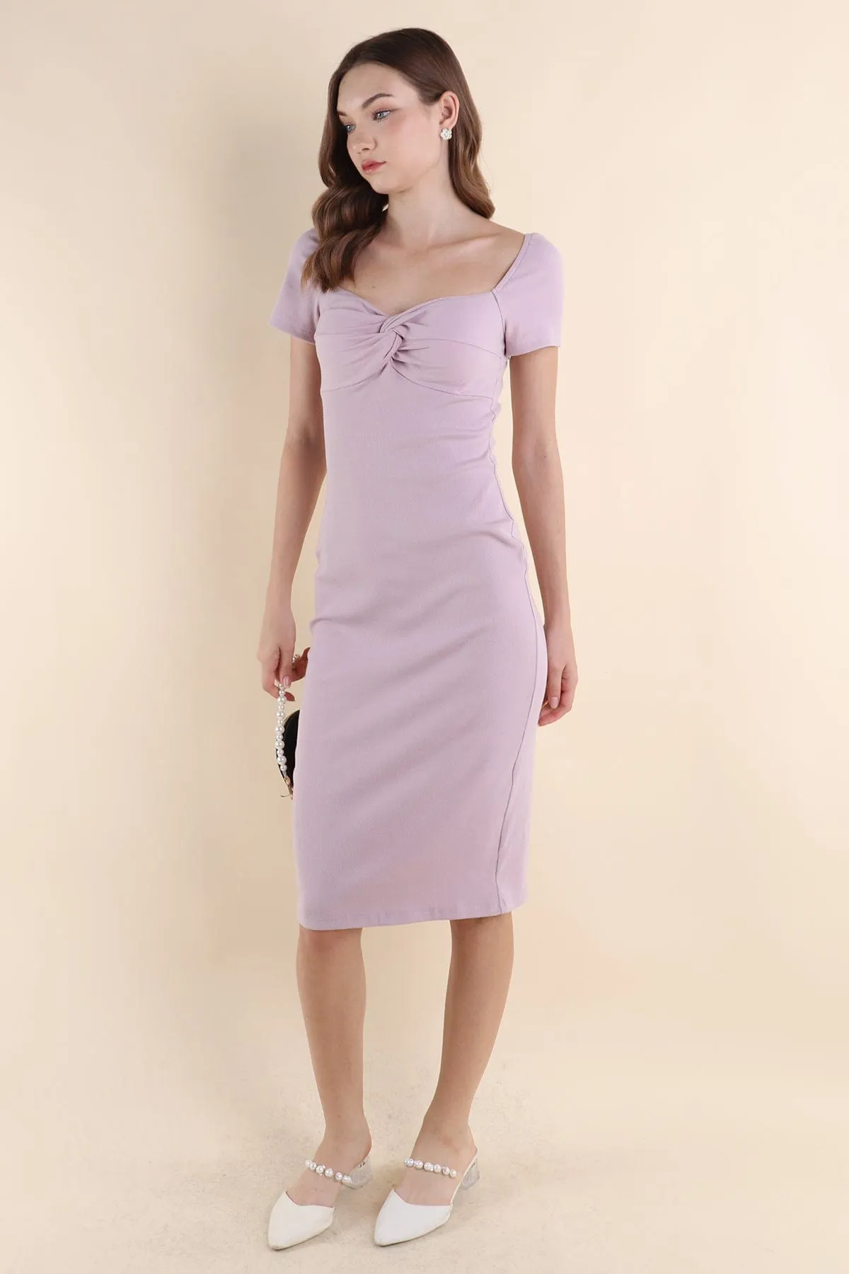 CINTRA KNOTTED RIBBED DRESS IN MAUVE