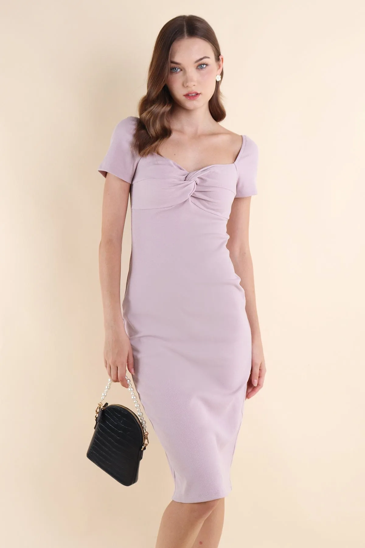 CINTRA KNOTTED RIBBED DRESS IN MAUVE