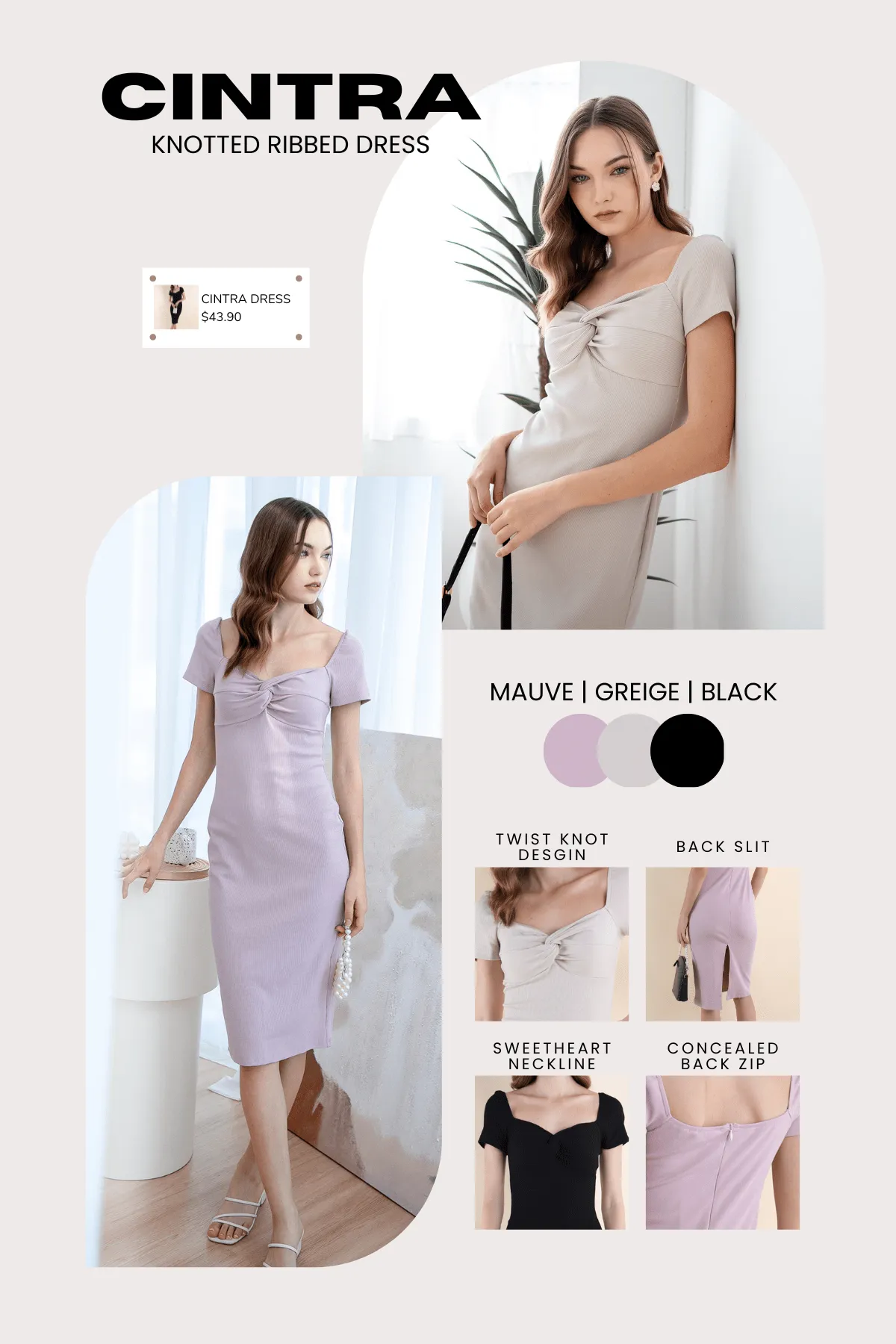 CINTRA KNOTTED RIBBED DRESS IN MAUVE