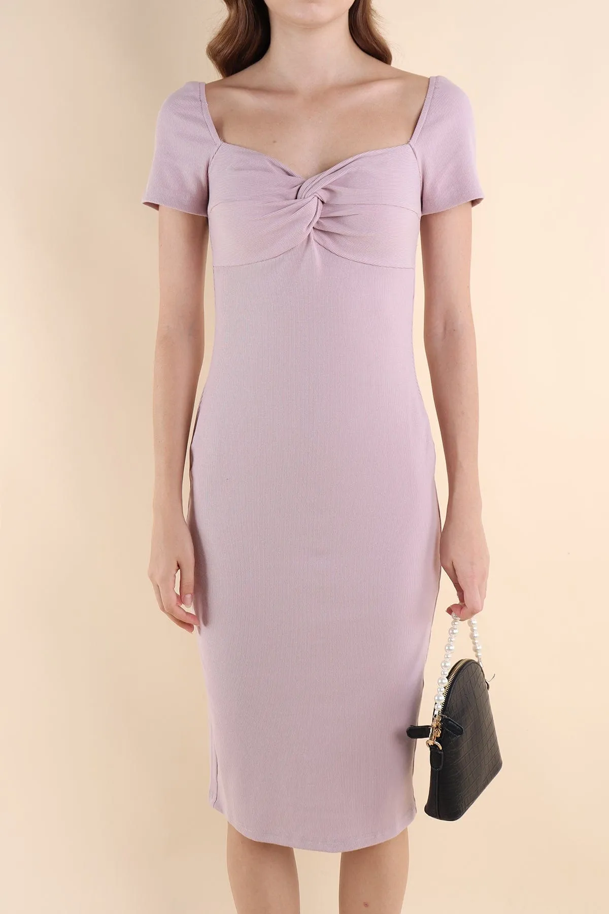 CINTRA KNOTTED RIBBED DRESS IN MAUVE