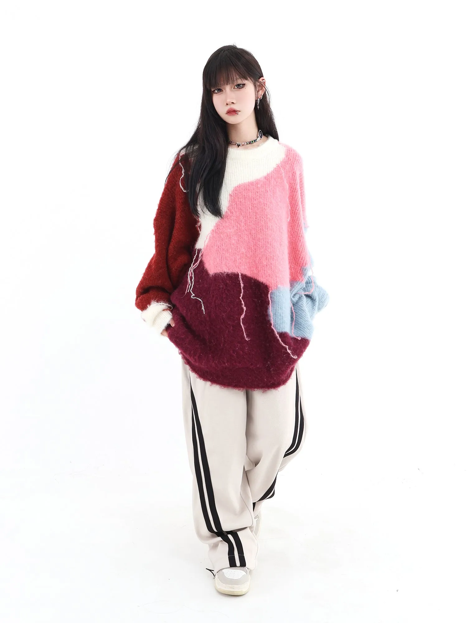 Color Bock Tassel Fluffy Sweater