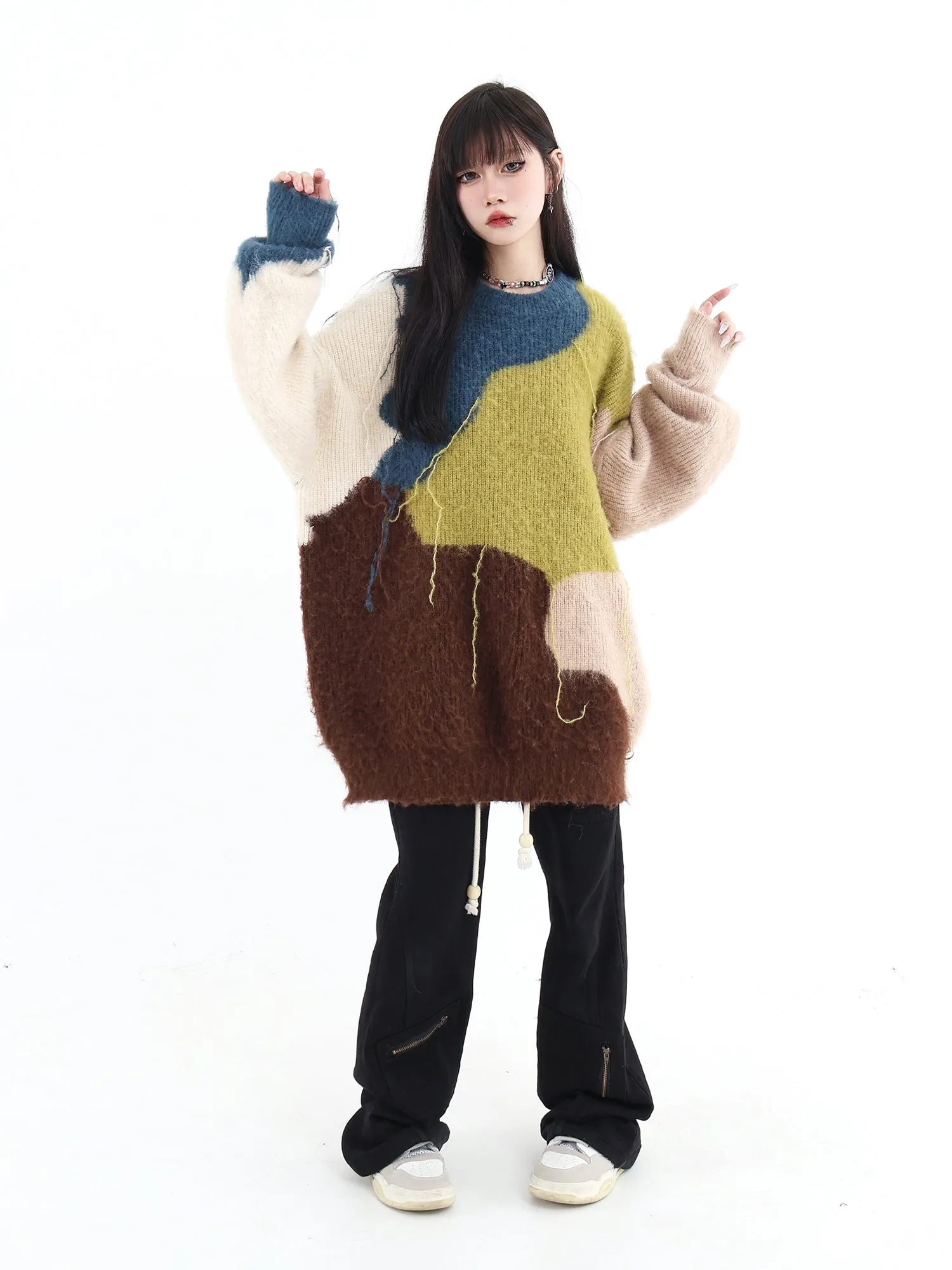 Color Bock Tassel Fluffy Sweater