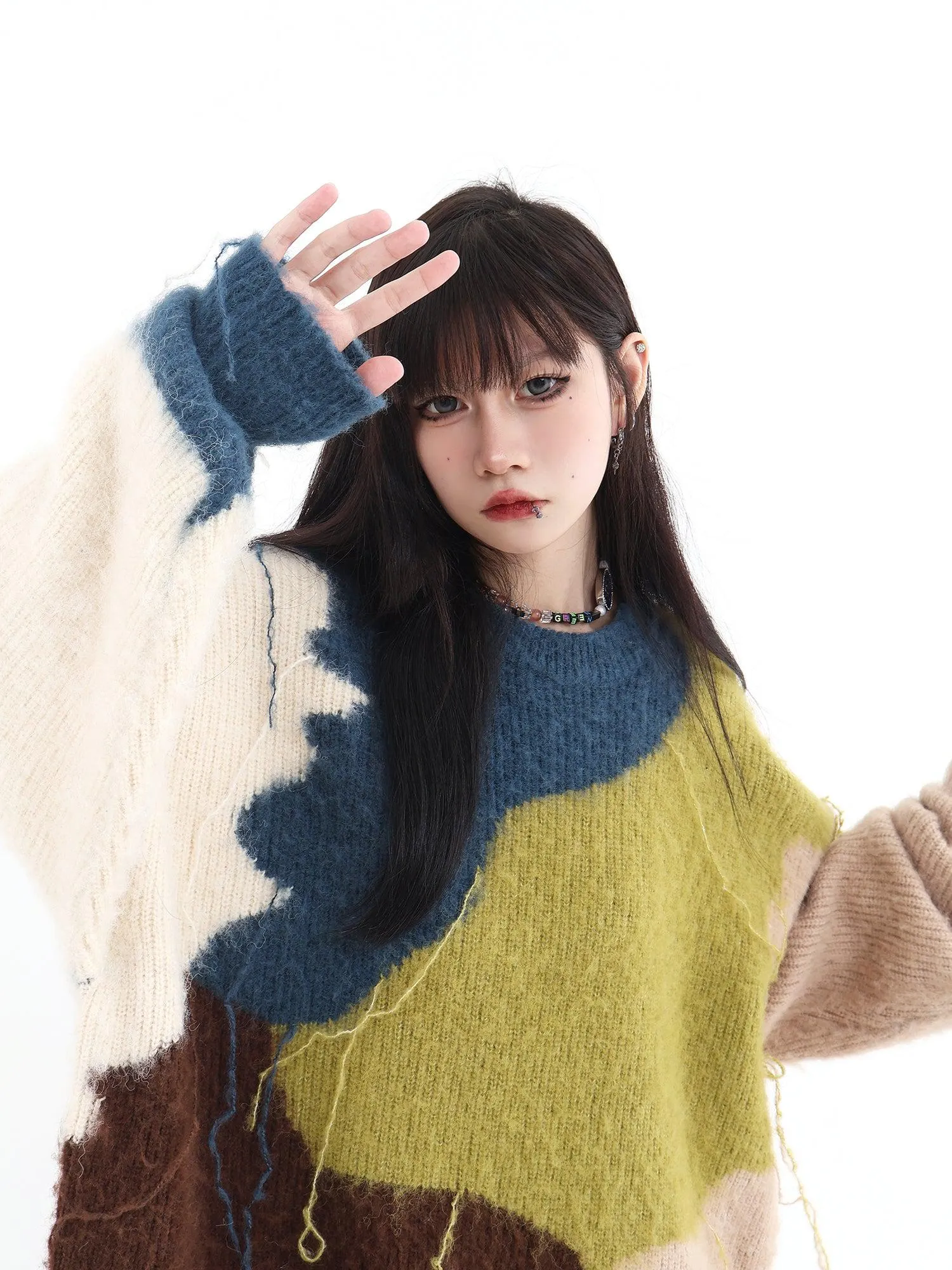 Color Bock Tassel Fluffy Sweater