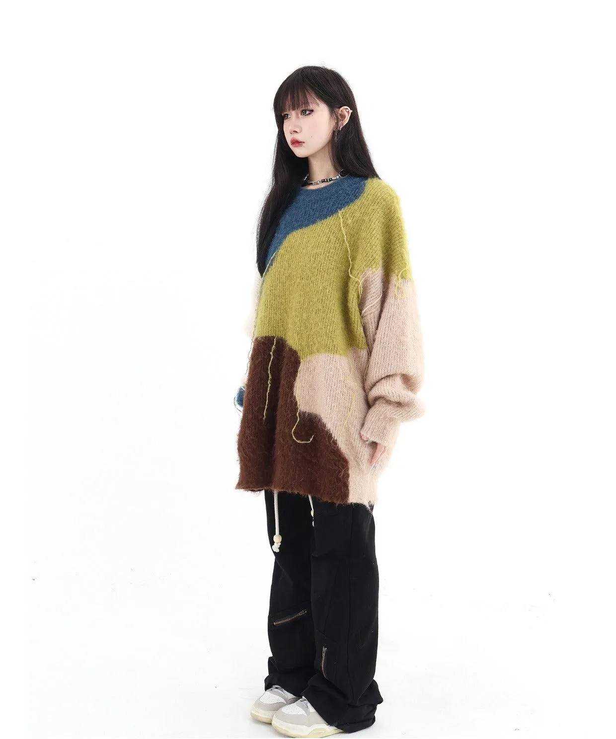 Color Bock Tassel Fluffy Sweater