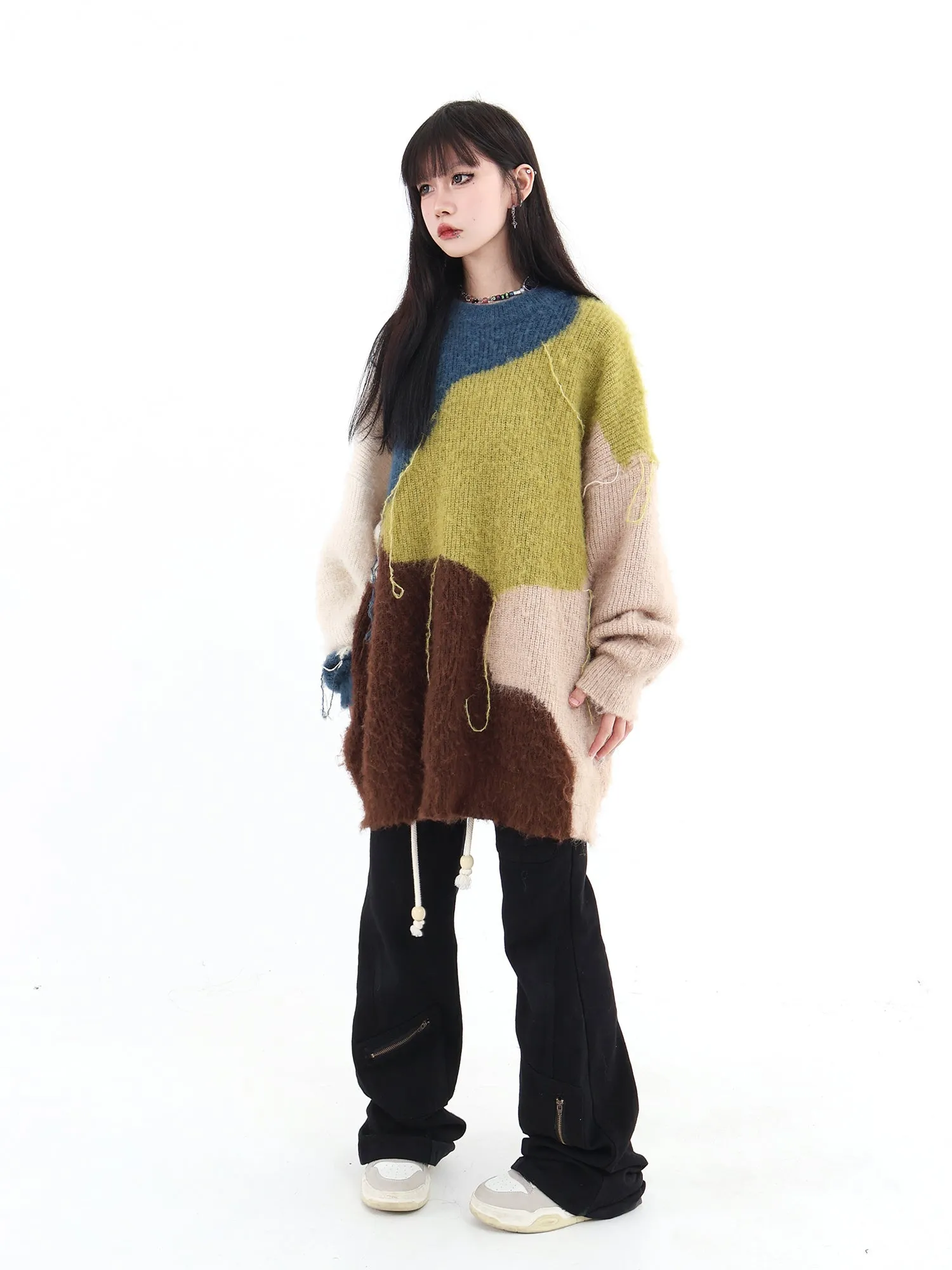 Color Bock Tassel Fluffy Sweater