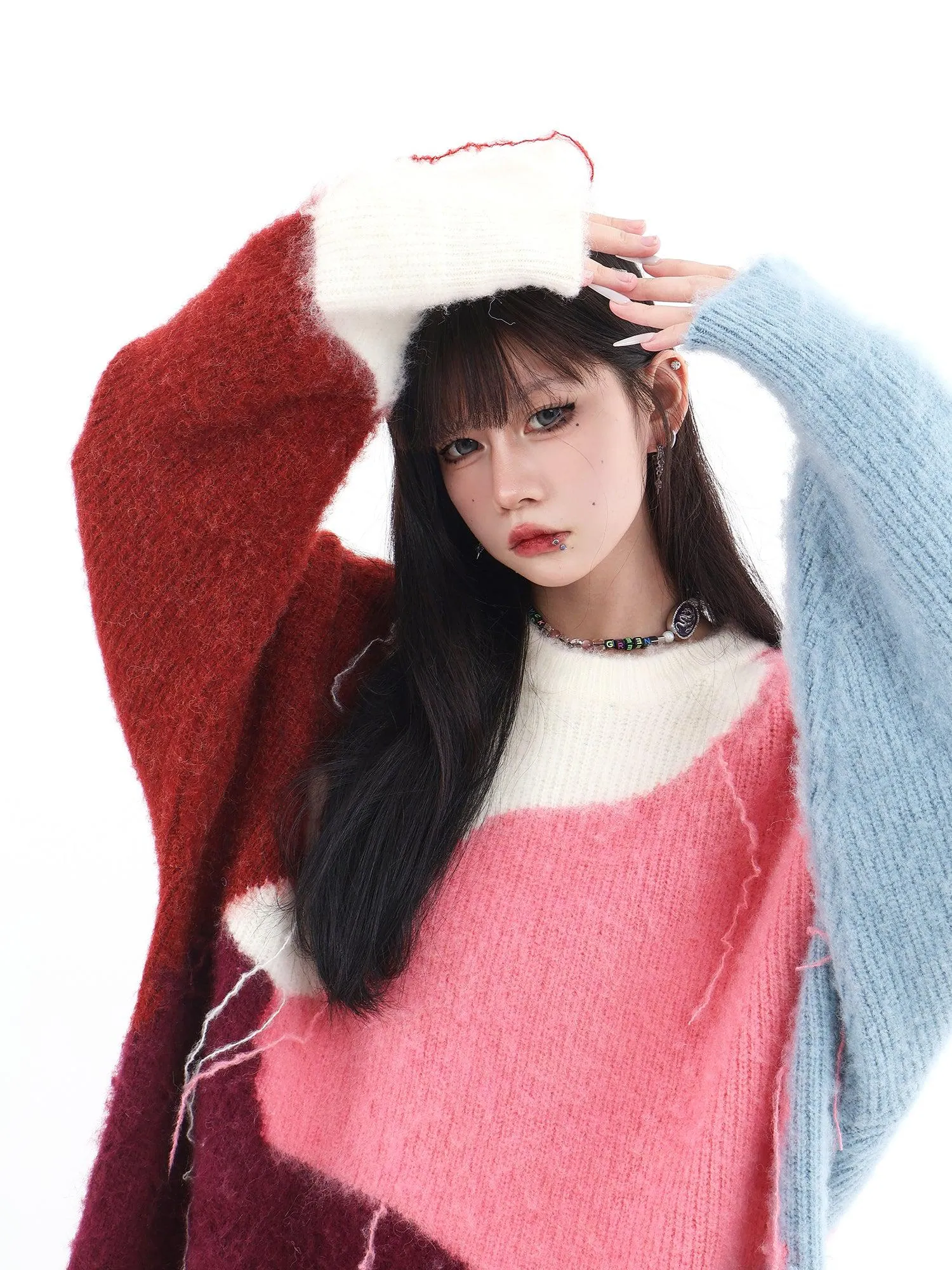 Color Bock Tassel Fluffy Sweater