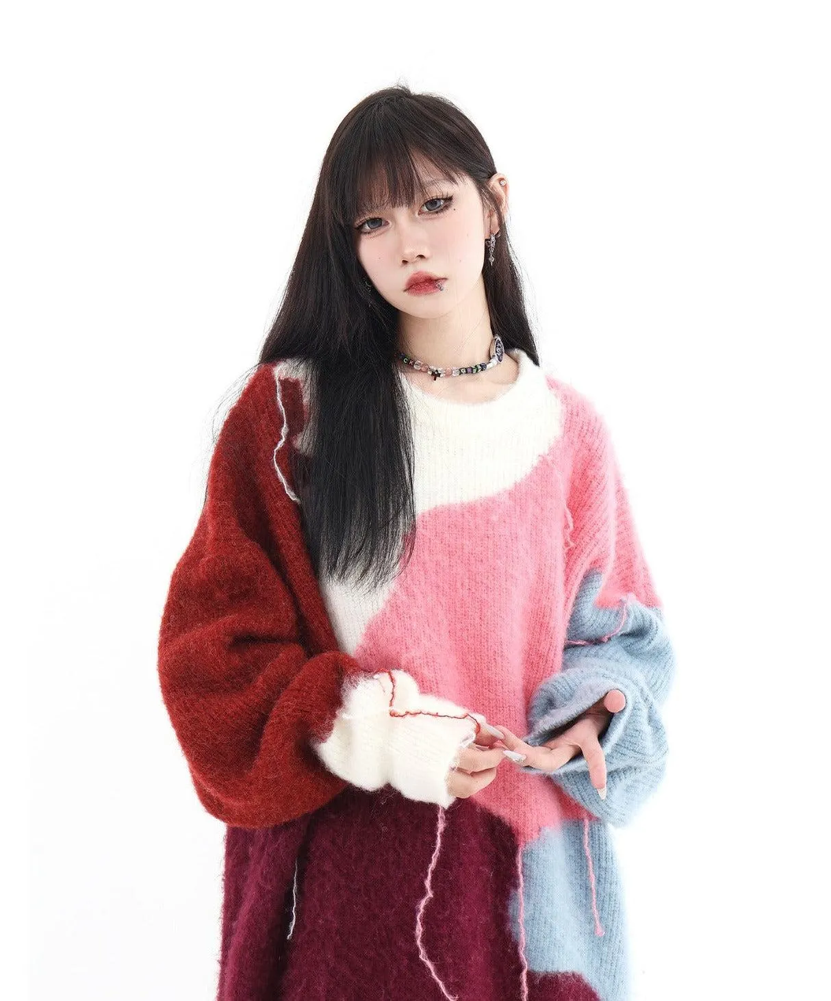 Color Bock Tassel Fluffy Sweater