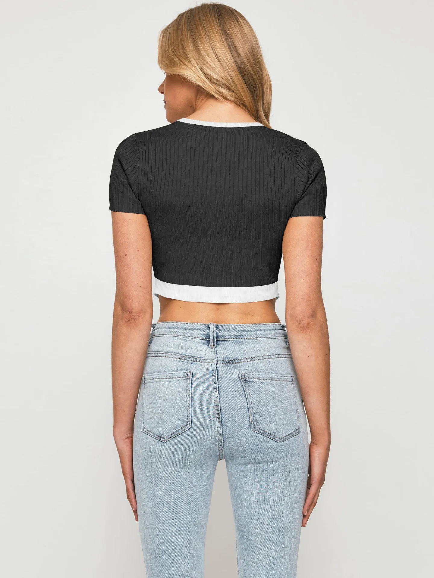 Contrast Trim Pointed Hem Ribbed Crop Top