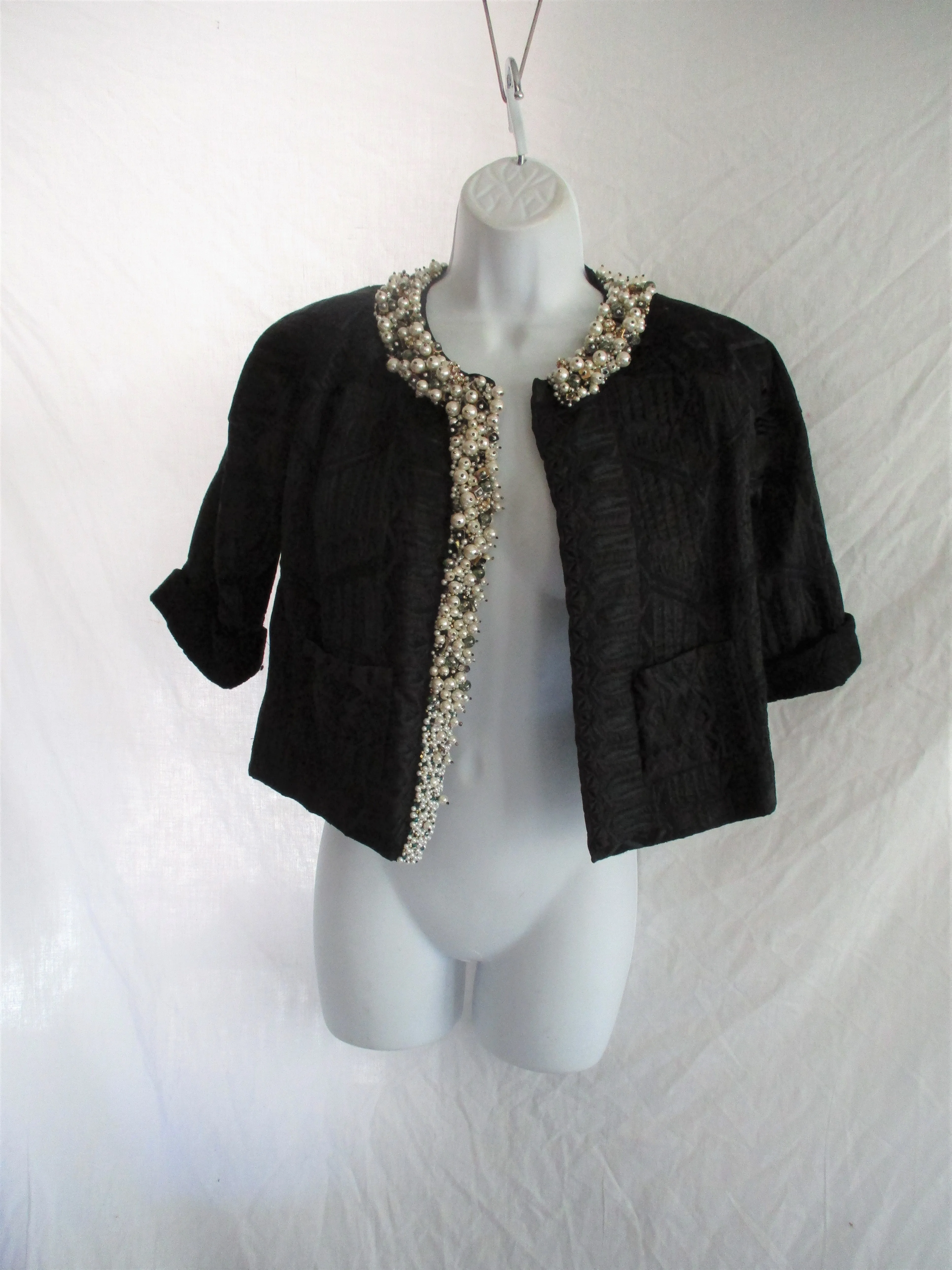 DRIES VAN NOTEN 100% Silk pearl jewel encrusted blazer jacket coat 40 BLACK