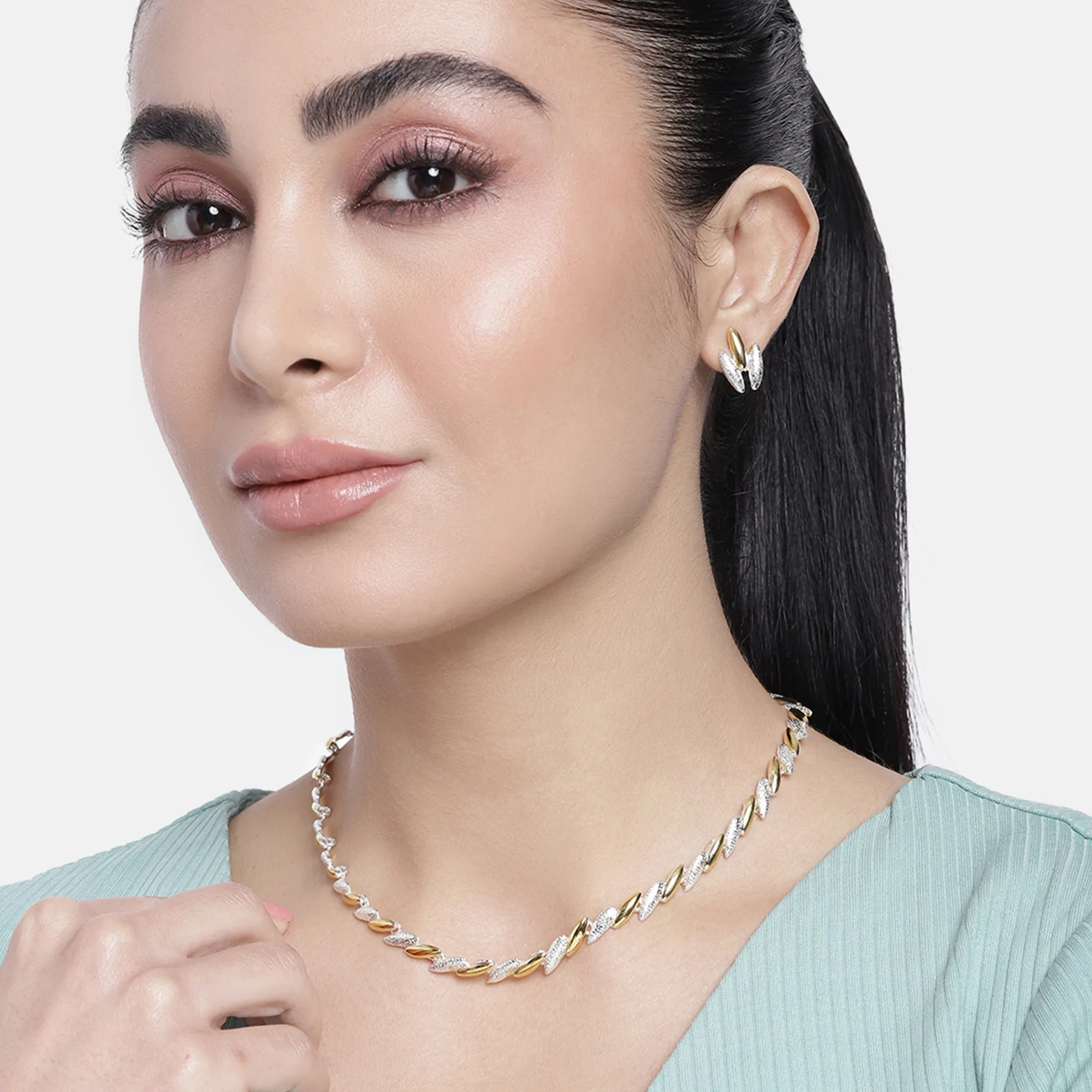 Estele 24 Kt Gold and Silver Plated Chain Necklace Set for women