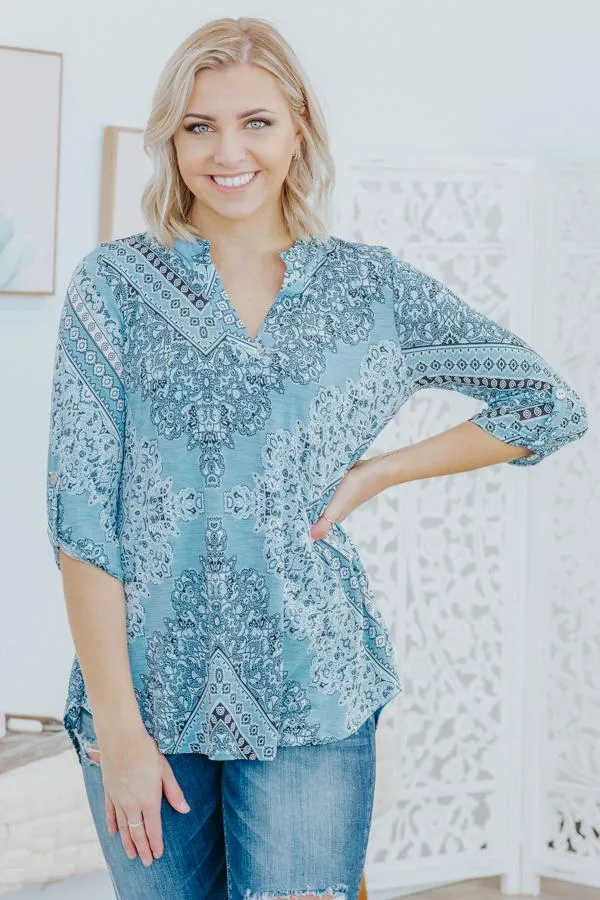 Everything I Hold Dear Paisley High Low 3/4 Sleeve Top in Steel Blue