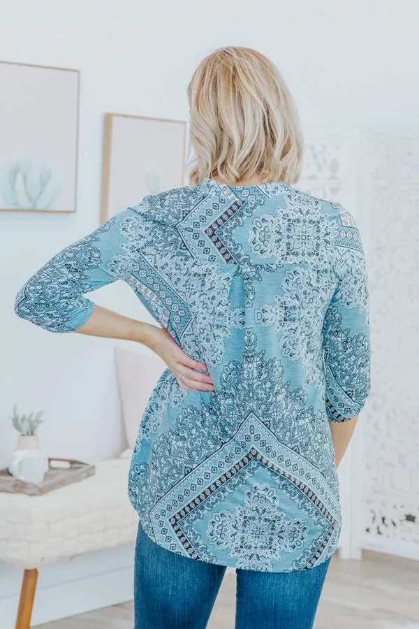 Everything I Hold Dear Paisley High Low 3/4 Sleeve Top in Steel Blue