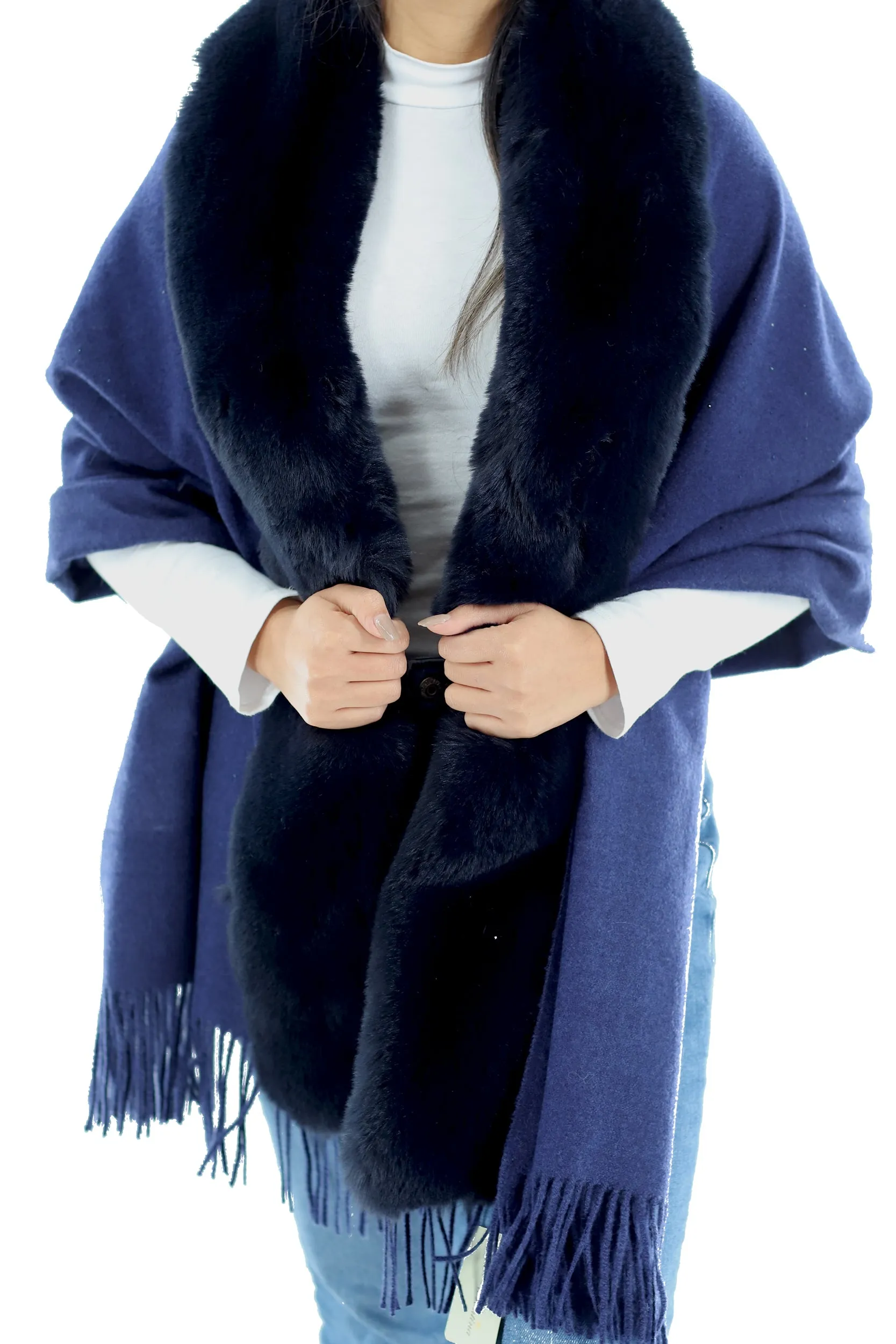 Faux fur trim wrap with Embellishments -Navy