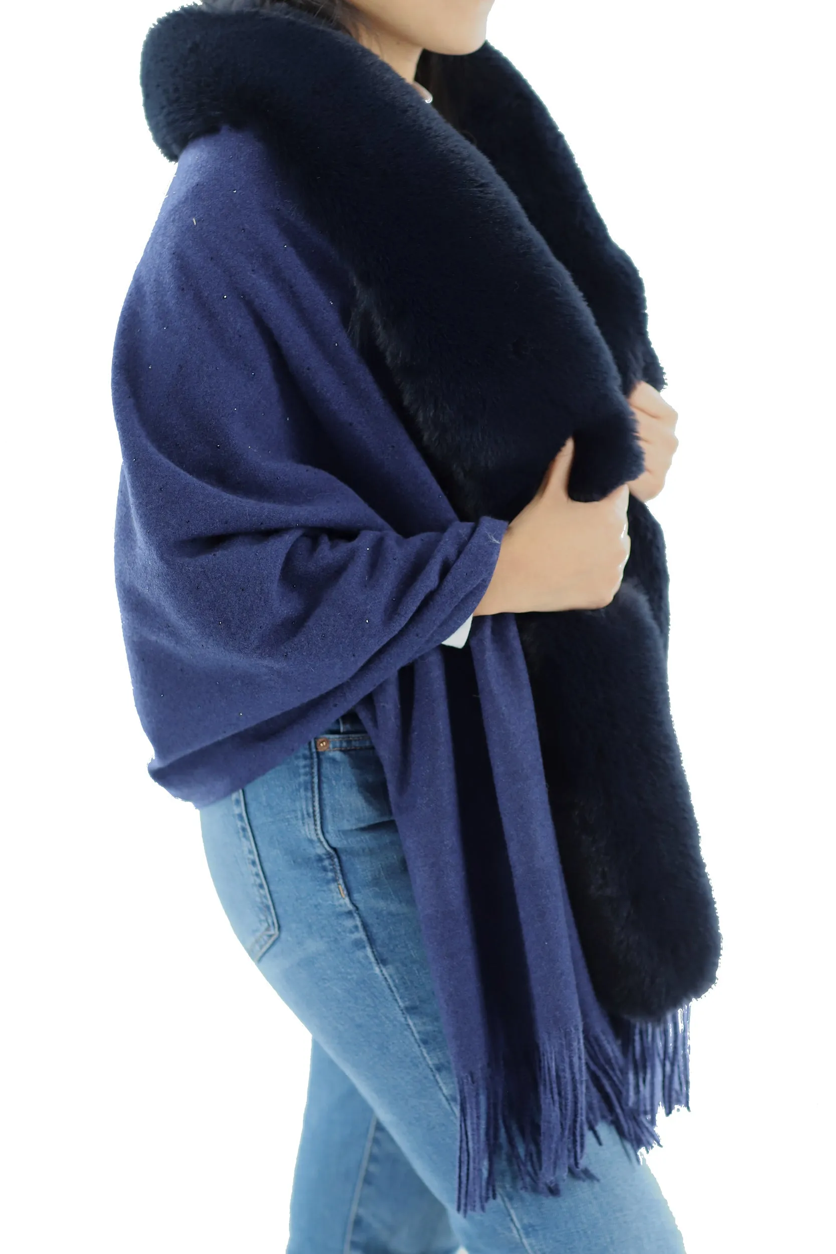 Faux fur trim wrap with Embellishments -Navy