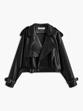 Faux Leather Buckle-Belted Jacket