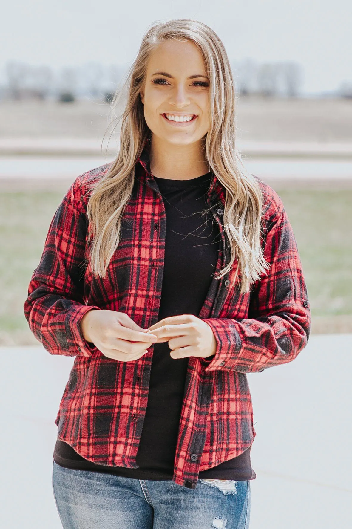 Fierce At Heart Plaid Button Down High Low Long Sleeve Top in Red