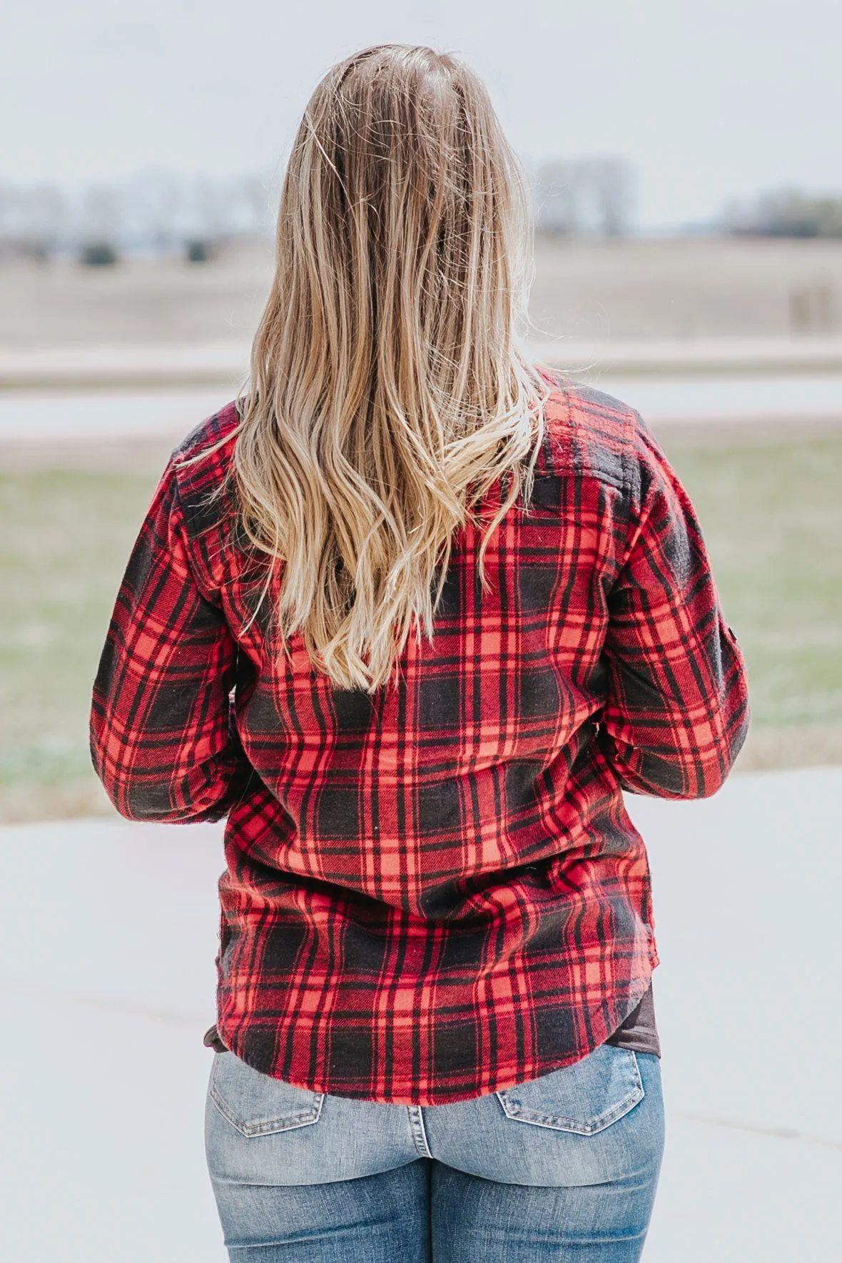 Fierce At Heart Plaid Button Down High Low Long Sleeve Top in Red