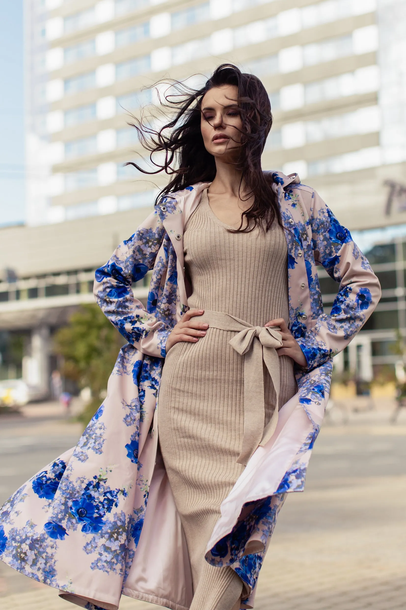 Fitted and Flared Coat with Pleated Skirts in Beige and Blue | 'Cornflower Blue'