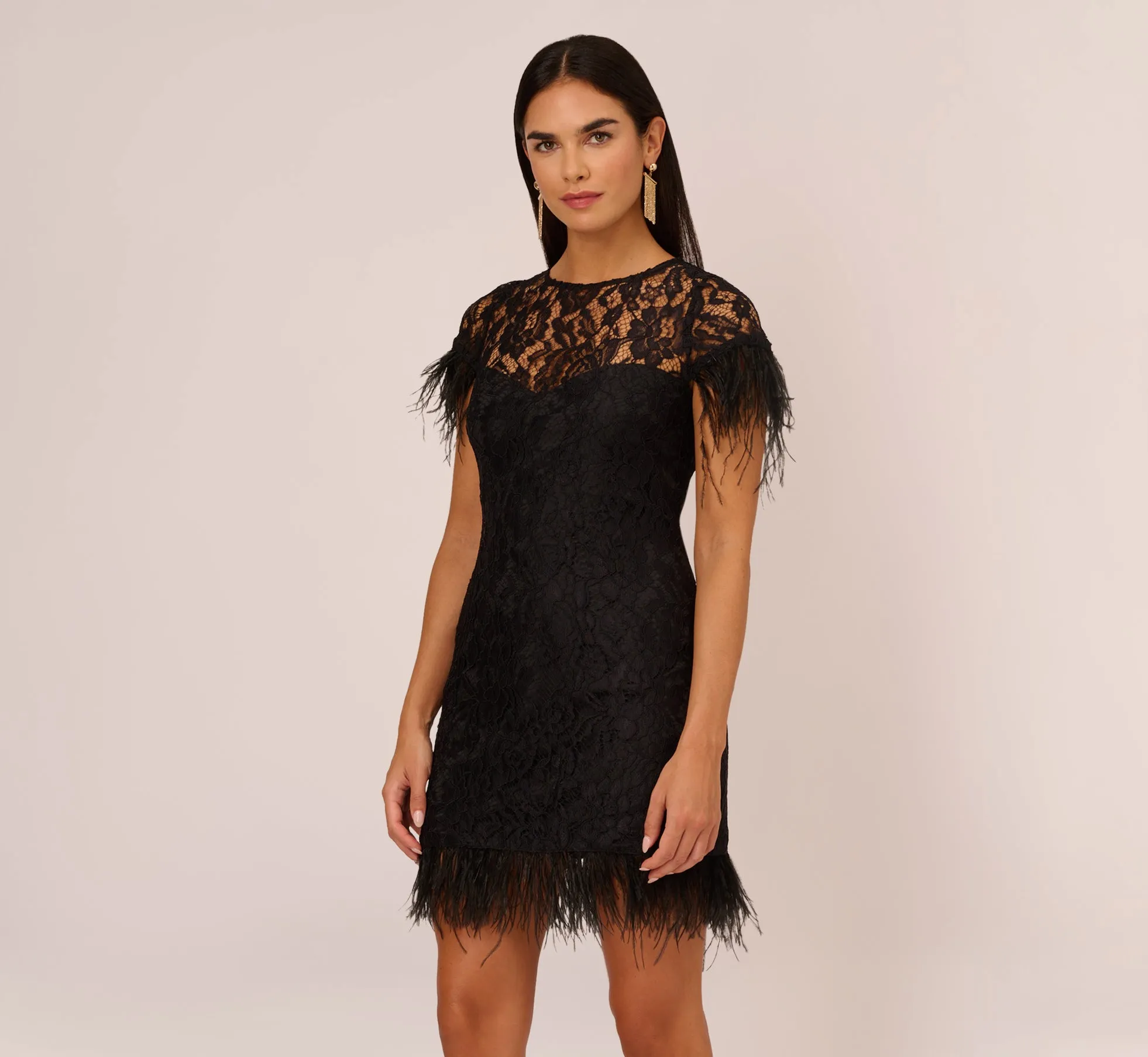 Floral Lace And Feather Trimmed Short Sheath Cocktail Dress In Black