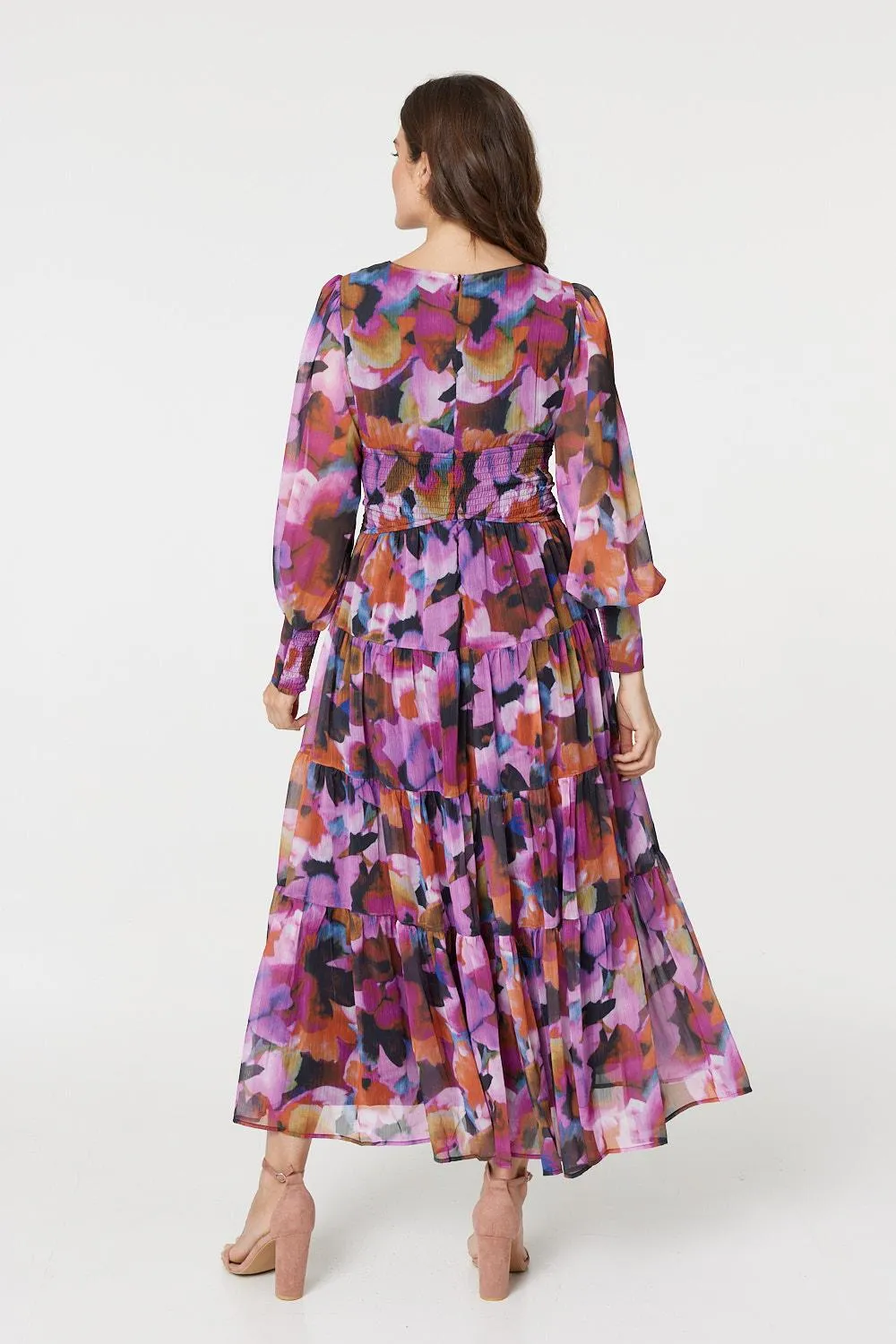 Floral Long Sleeve Ruched Maxi Dress