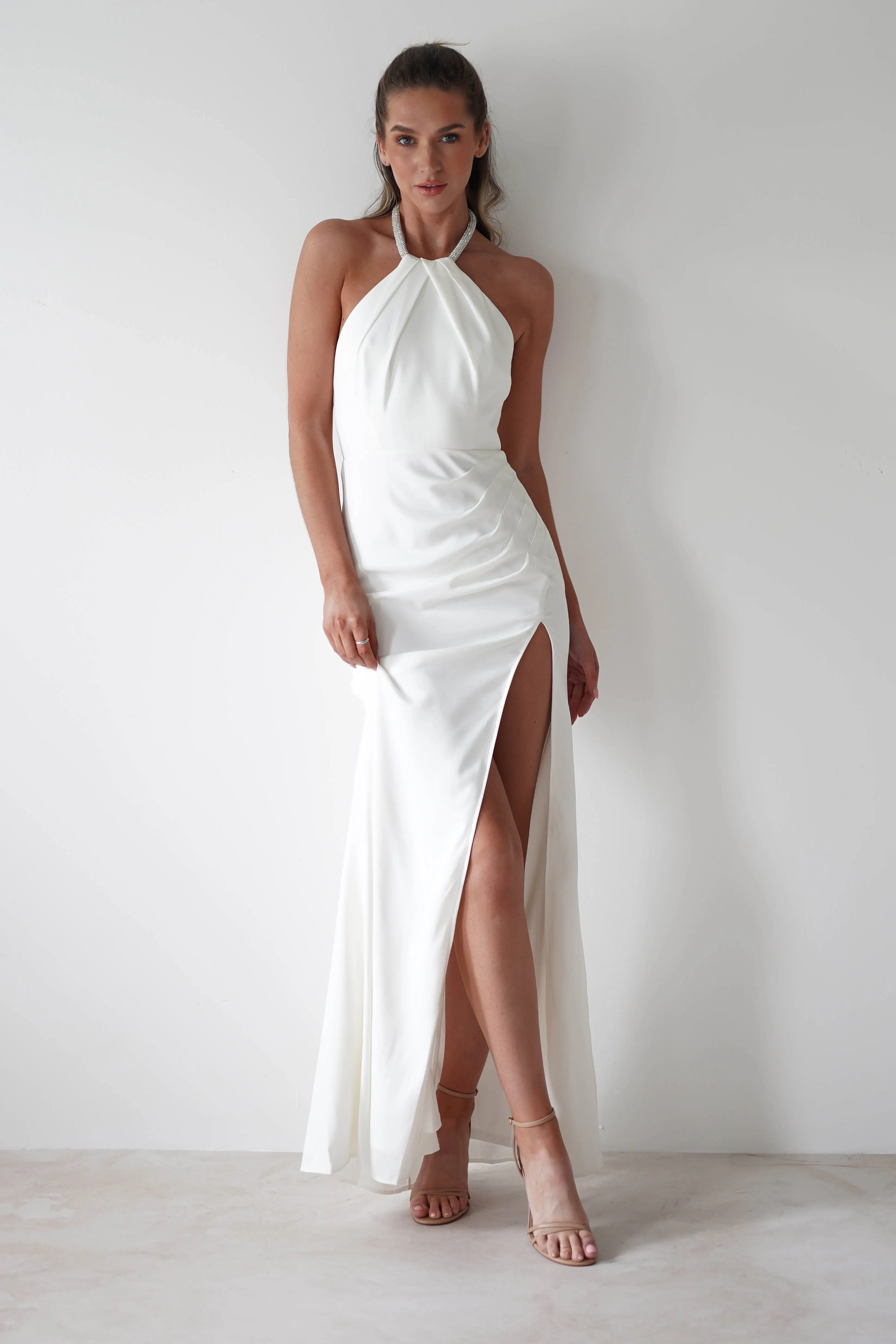 Franca Diamante Halterneck Maxi Dress | White