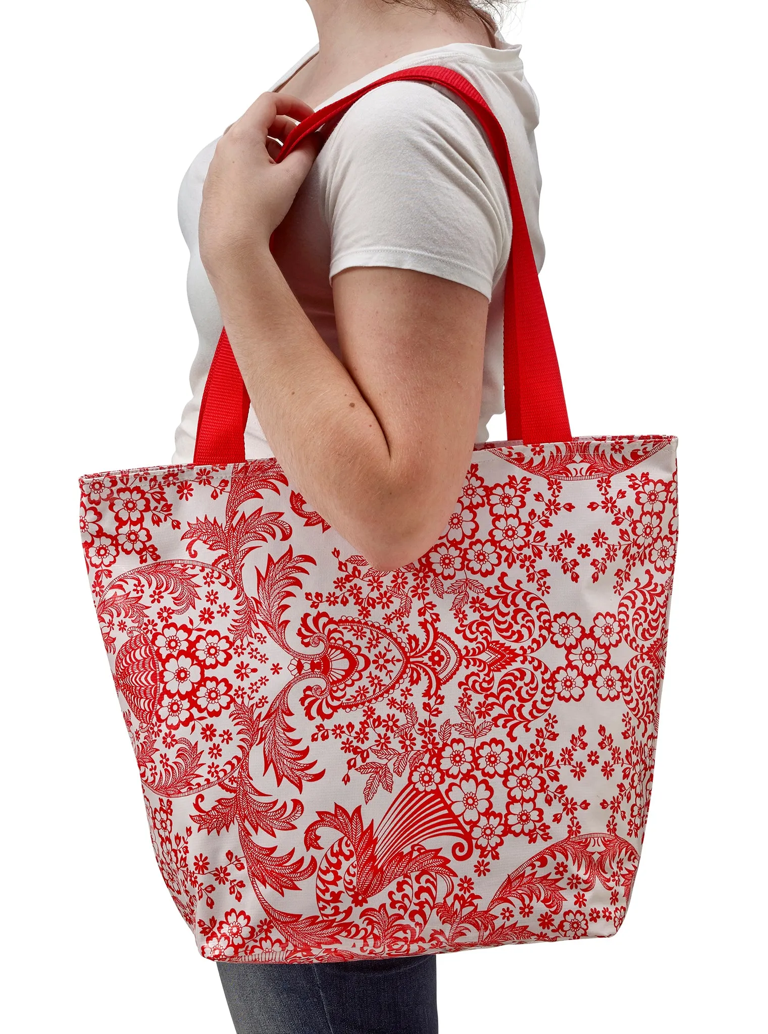 Freckled Sage Oilcloth Zip Tote Bag in Red Toile