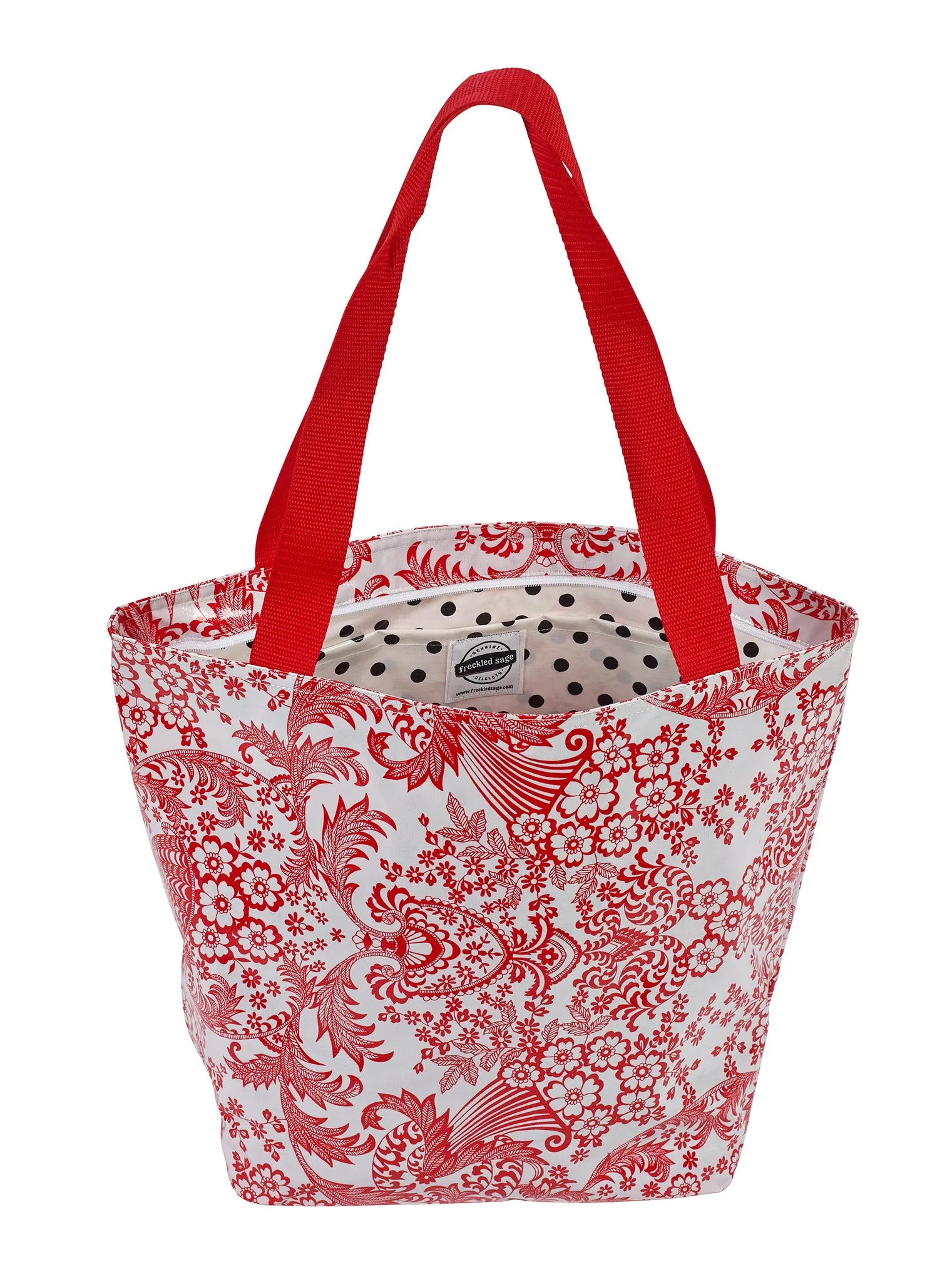 Freckled Sage Oilcloth Zip Tote Bag in Red Toile