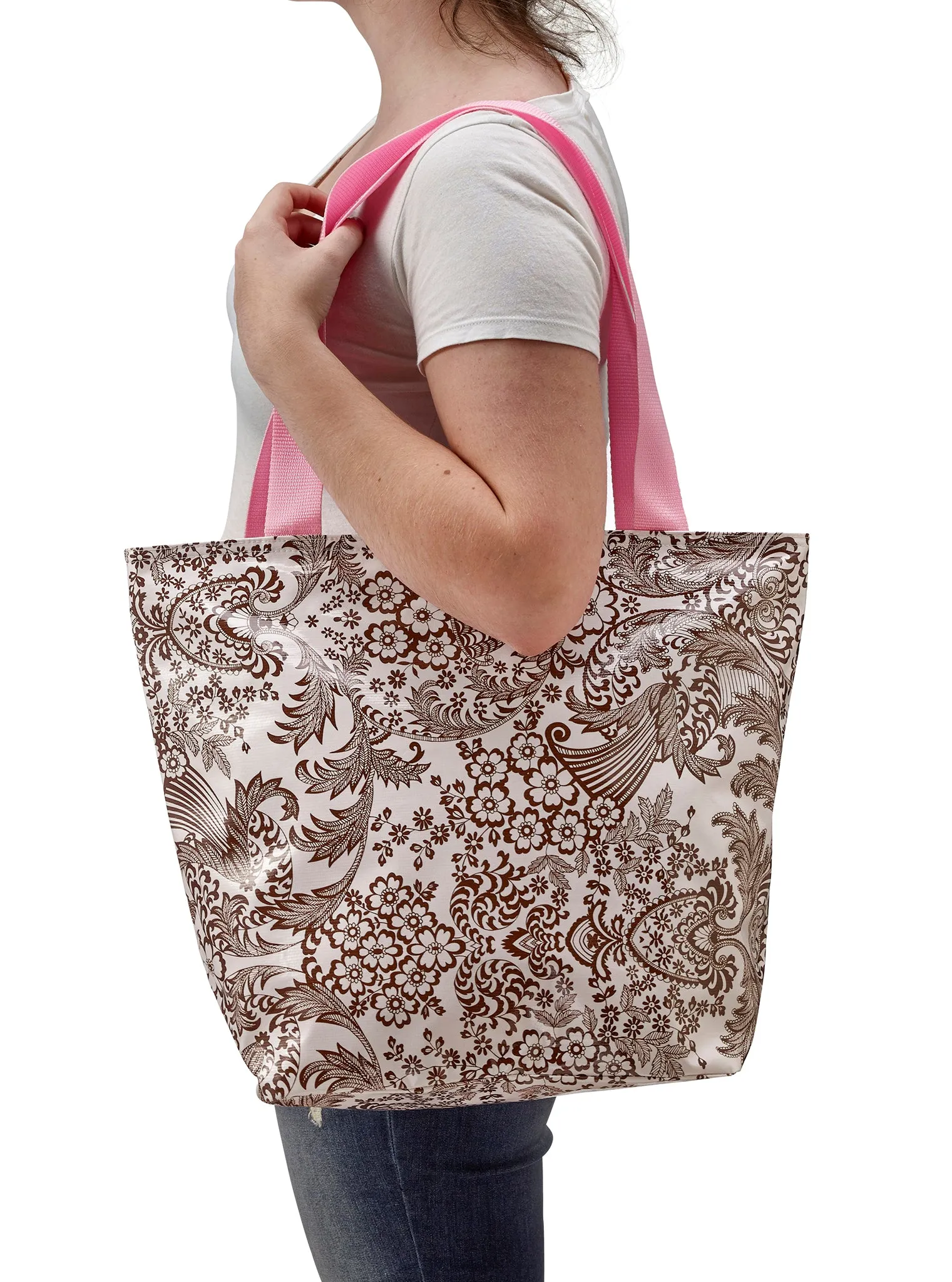 Freckled Sage Oilcloth Zip Tote Bag in Toile Brown