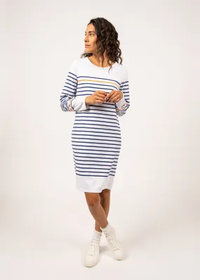 FREHEL - Nautical Striped Cotton Dress (WHITE / INDIGO / NEON ORANGE)