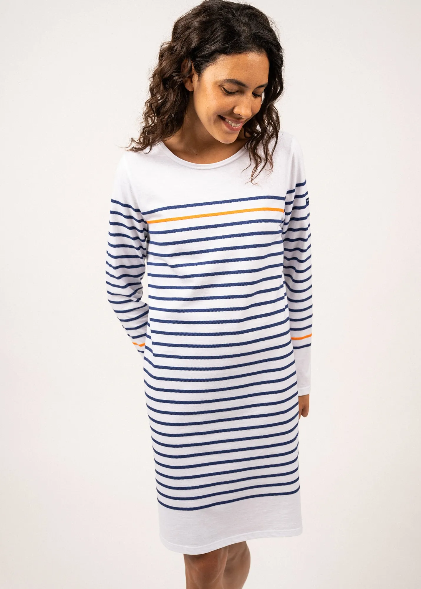 FREHEL - Nautical Striped Cotton Dress (WHITE / INDIGO / NEON ORANGE)