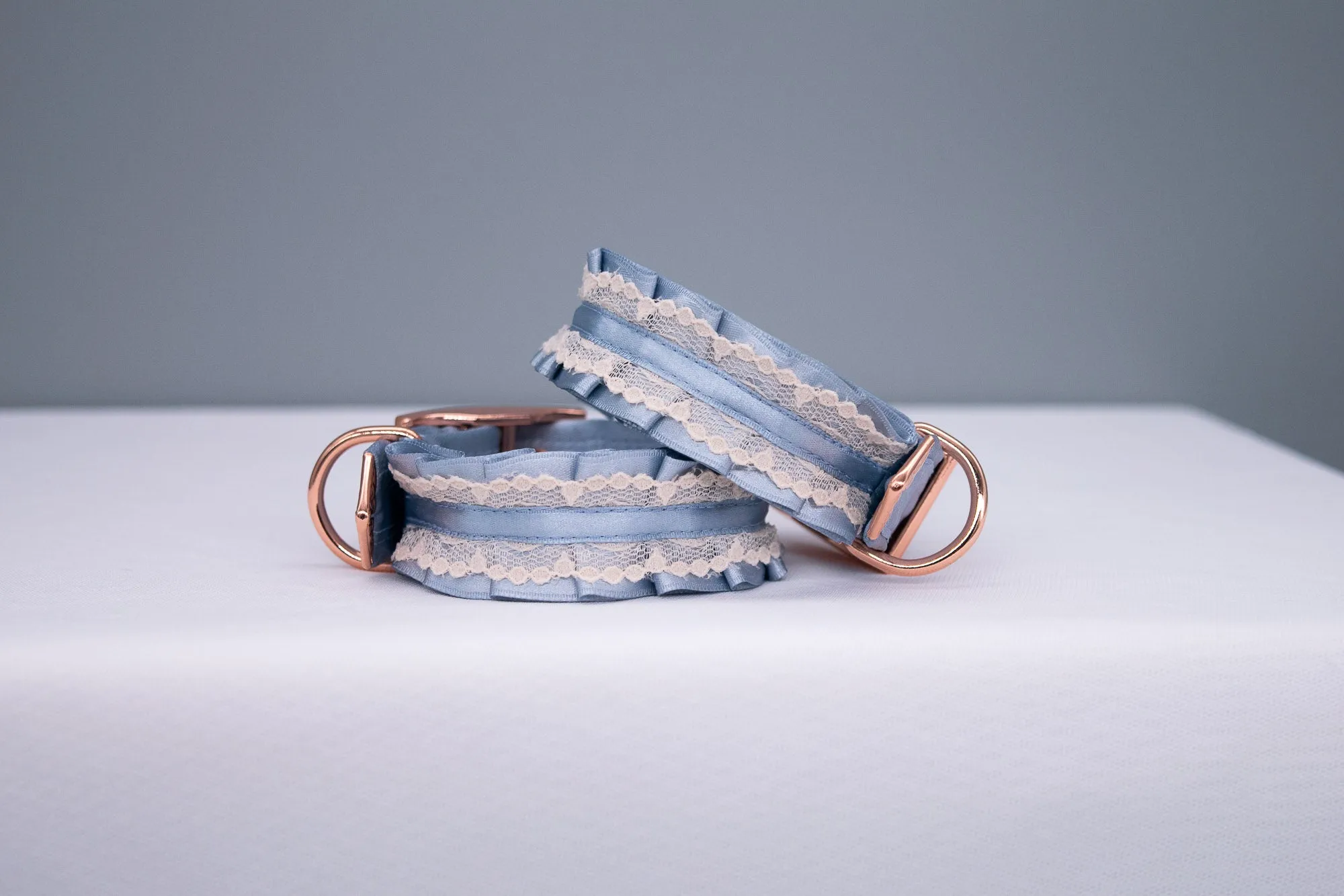 French Blue and Cream Lace - Rose Gold BDSM Cuffs