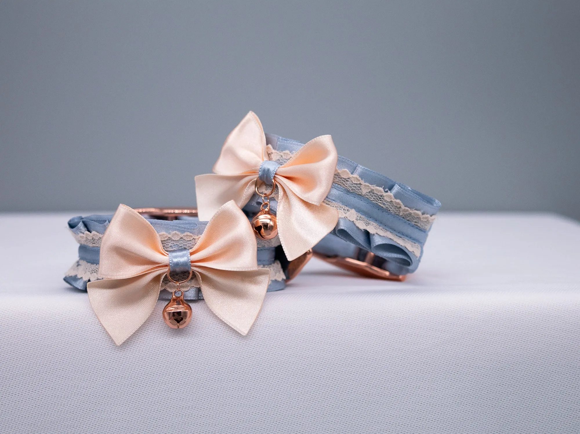 French Blue and Cream Lace with Bows - Rose Gold BDSM Cuffs