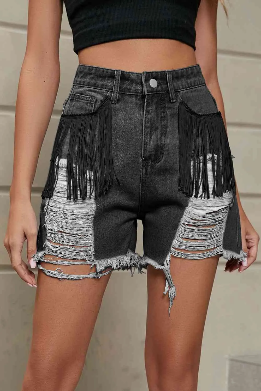 Fringe Trim Distressed Denim Shorts with Pockets