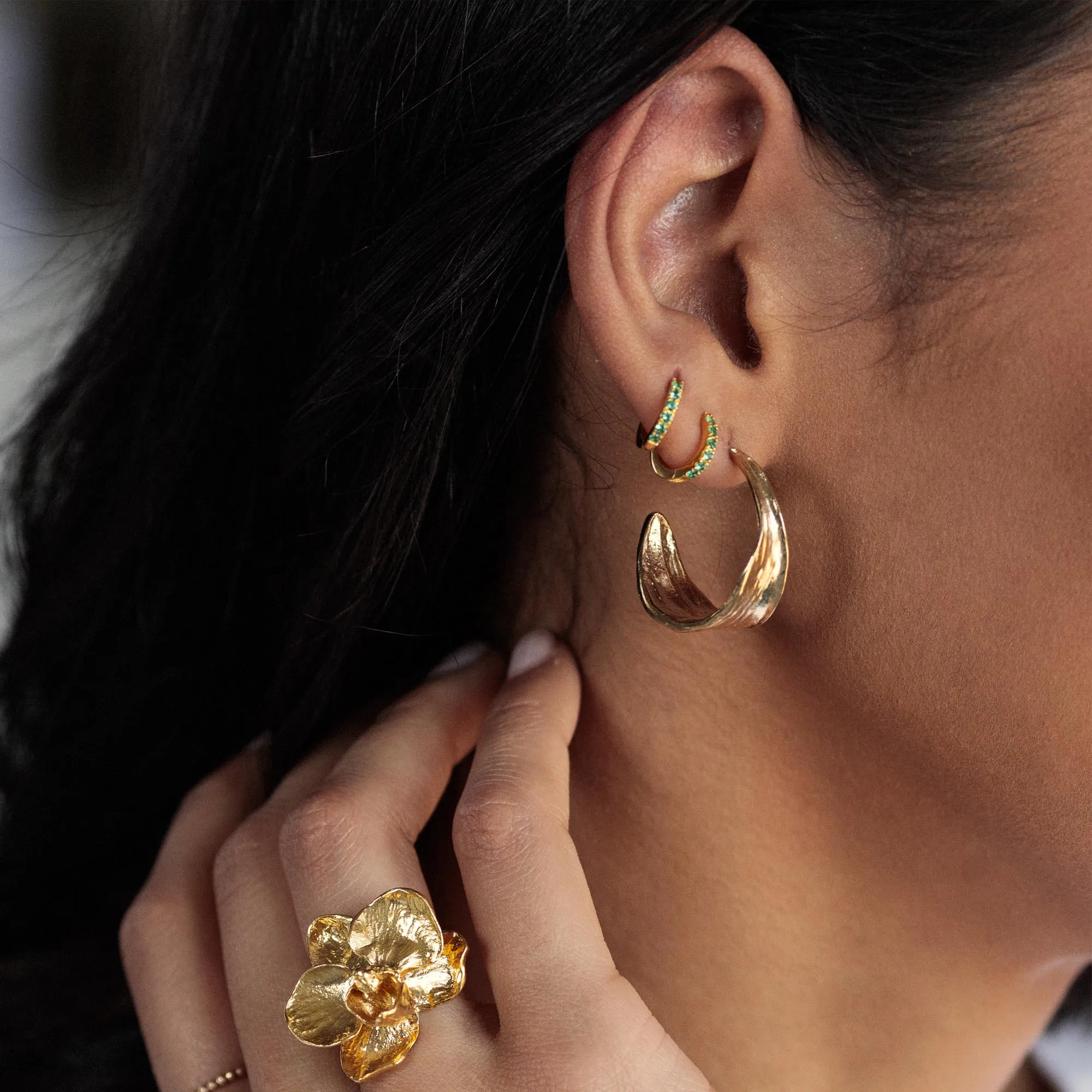 Gold Green Glitter Huggie Hoop Earrings