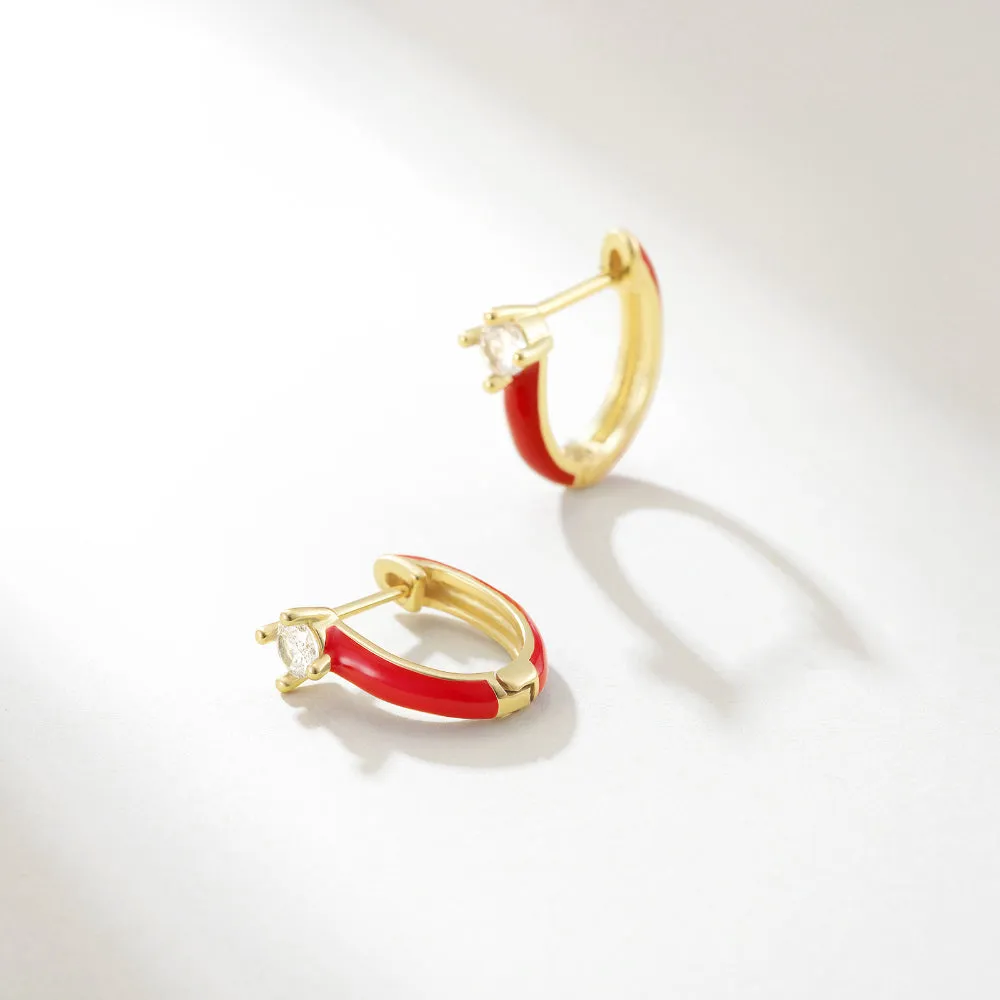 Gold Huggie Enamel Earrings Colorful Small Hoop Cuff Earrings-Red