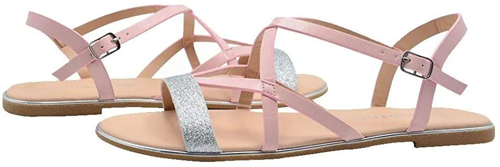 Gold Toe Ladies Fashion Sandals Pu Caged Summer Flats with Glitter Strap