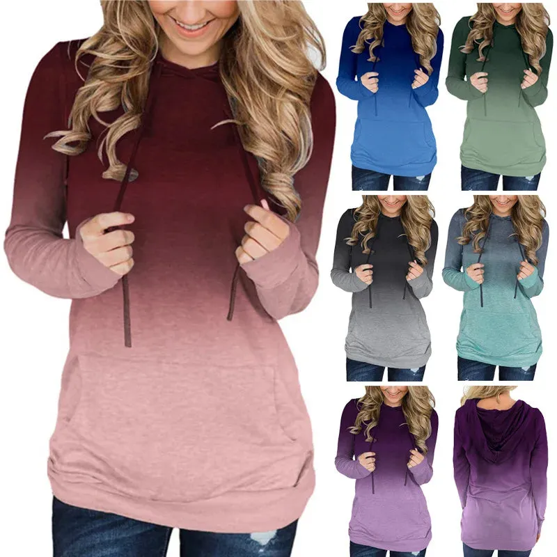 Gradient Color Long Sleeve Drawstring Hoodie