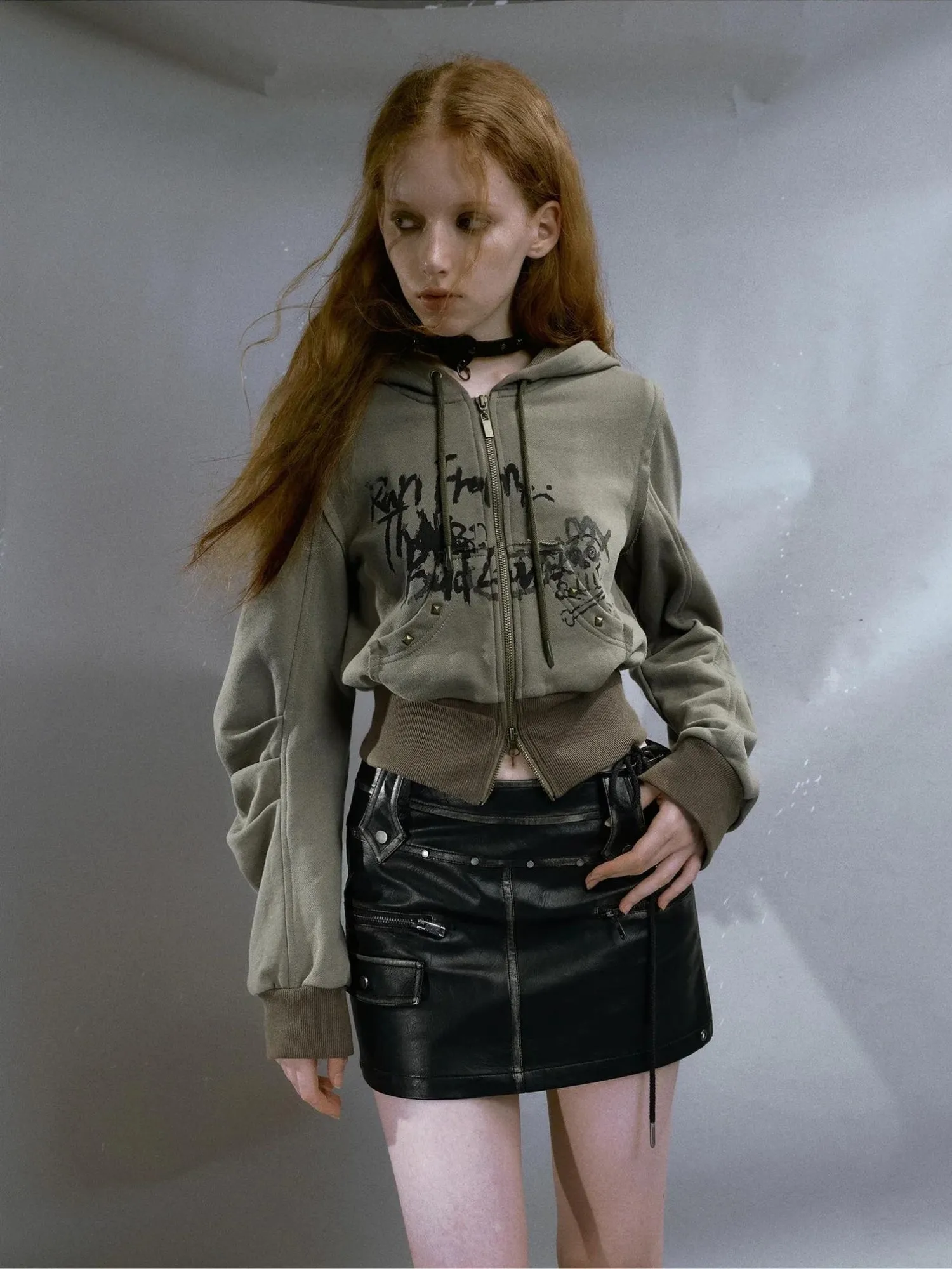 Grunge Ruched Sleeve Hoodie