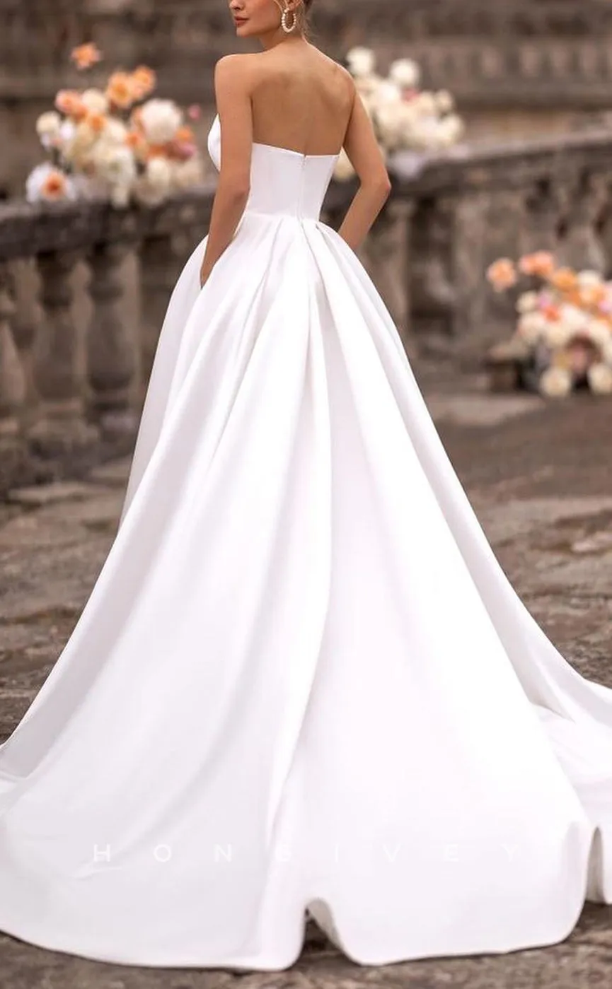 H1135 - Sexy Satin A-Line V-Neck Sleeveless Ruched Empire With Pockets Train Wedding Dress