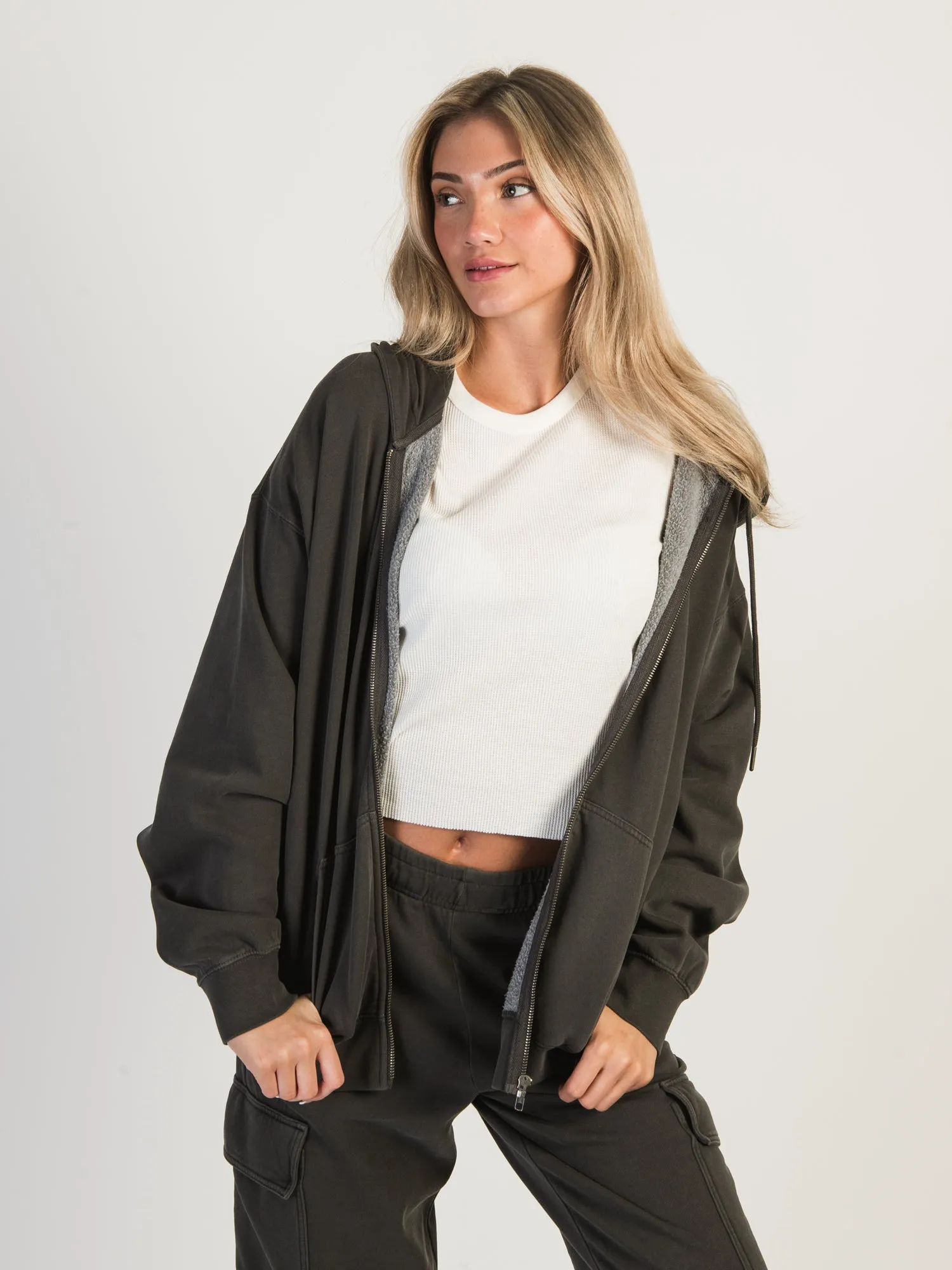 HARLOW MARIAH OVERSIZED PRINT ZIP HOODIE - CHARCOAL