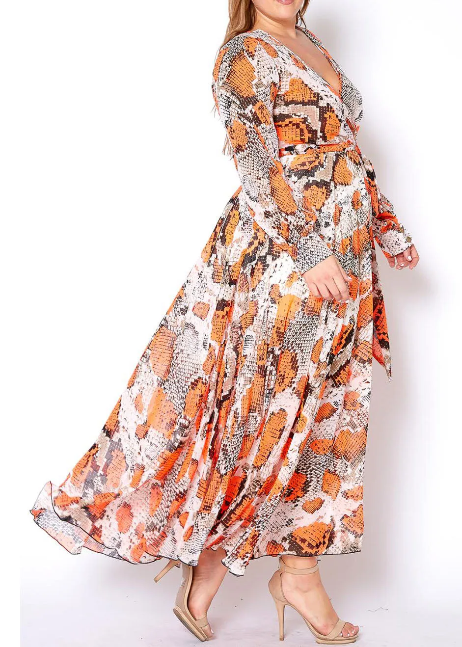 Hi Curvy Plus Size Women Orange Snakeskin Chiffon Maxi Dress