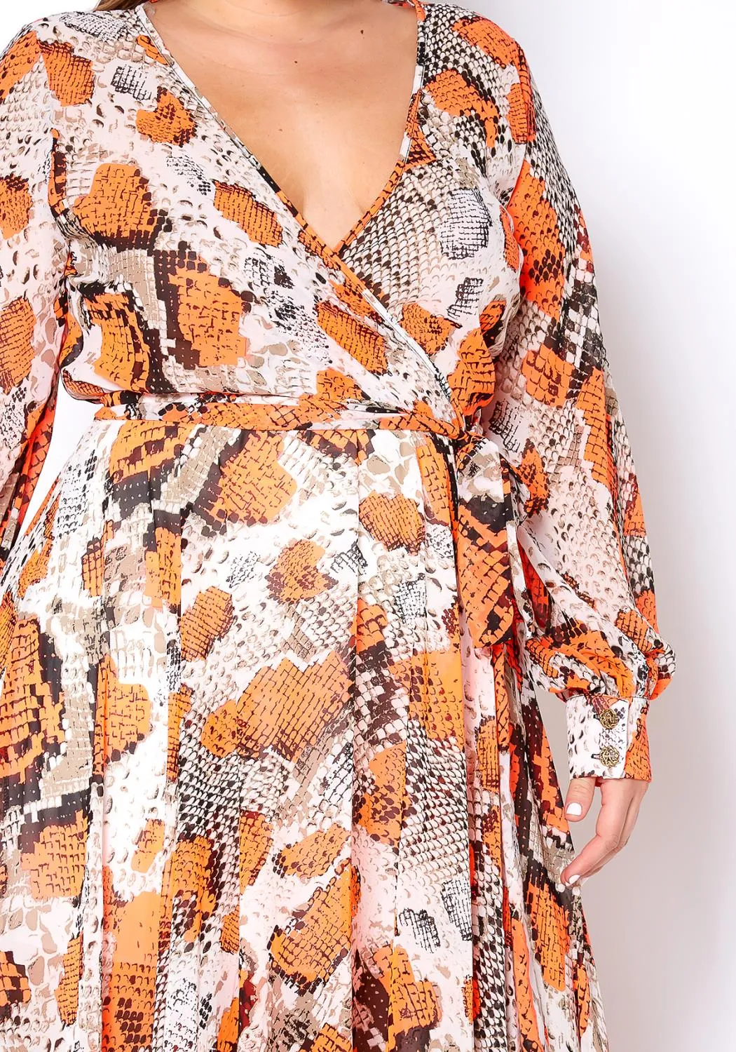 Hi Curvy Plus Size Women Orange Snakeskin Chiffon Maxi Dress