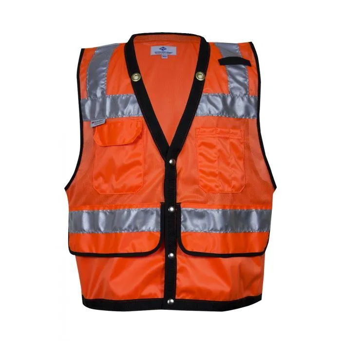 Hi-Vis Construction Survey Vest - Silver Segmented Reflective Trim, Snap Front, Survey Pocket, Type R Class 2