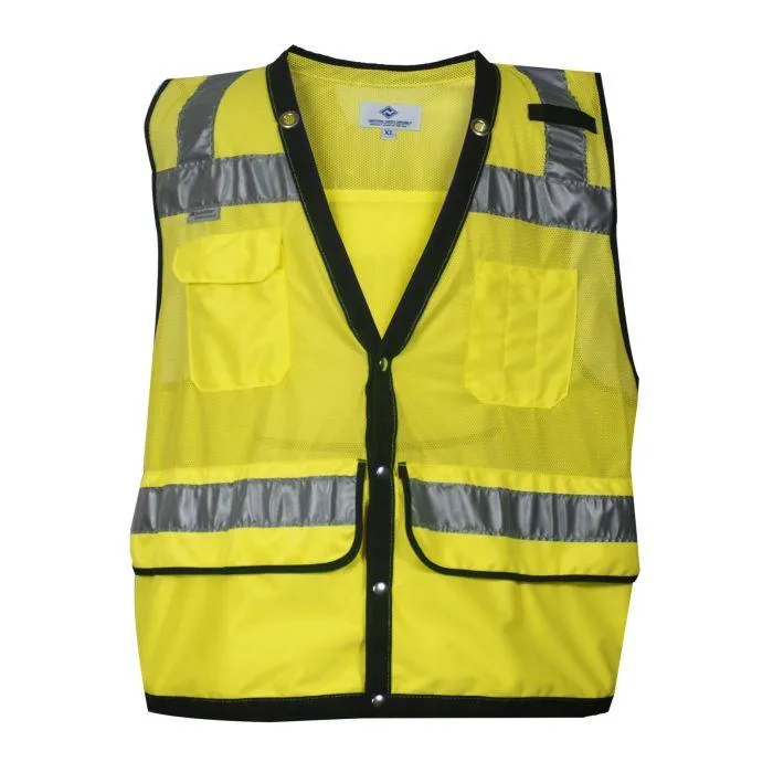 Hi-Vis Construction Survey Vest - Silver Segmented Reflective Trim, Snap Front, Survey Pocket, Type R Class 2