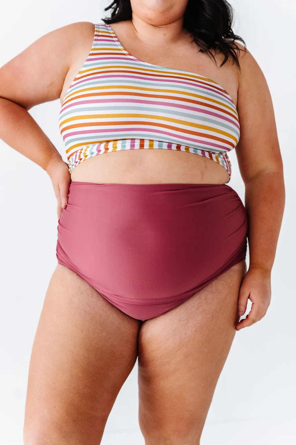 High Waisted Ruched Bottoms in Dark Mauve