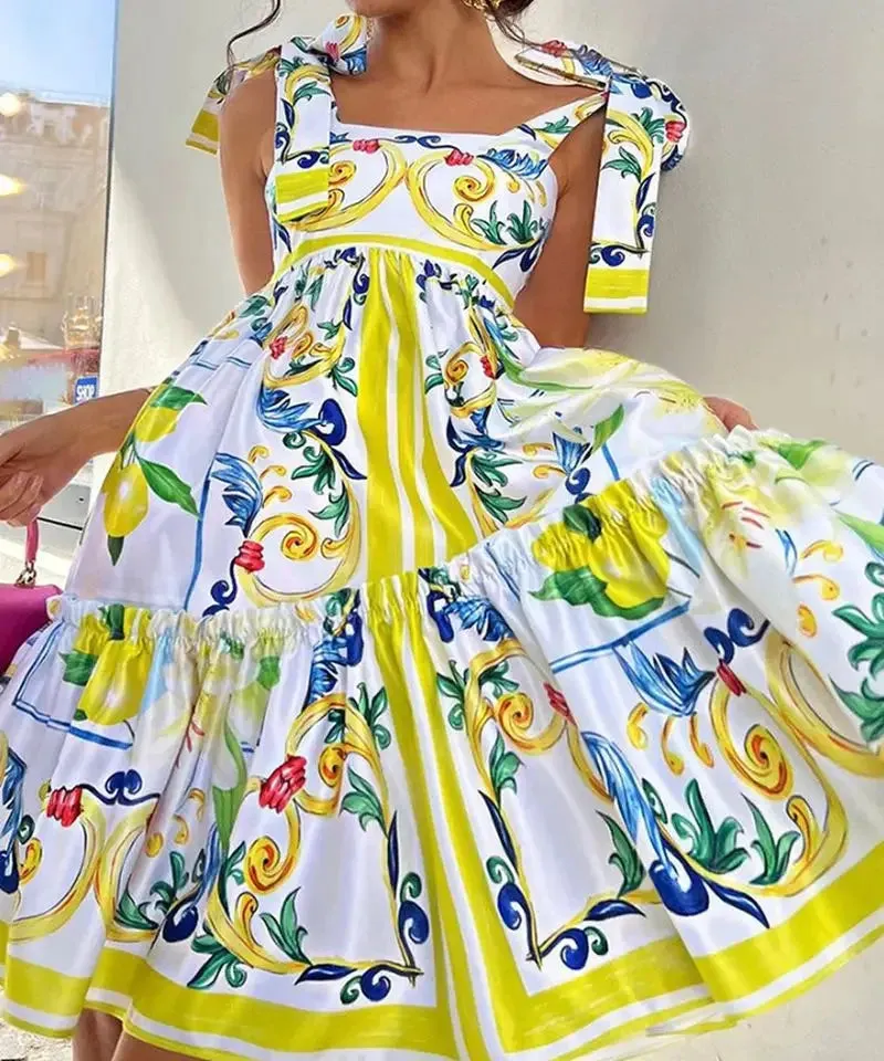 Holiday Blue White Yellow Porcelain Floral Print Summer Sleeveless Dress for Women Straps Bow Midi Long Vestidos Beach